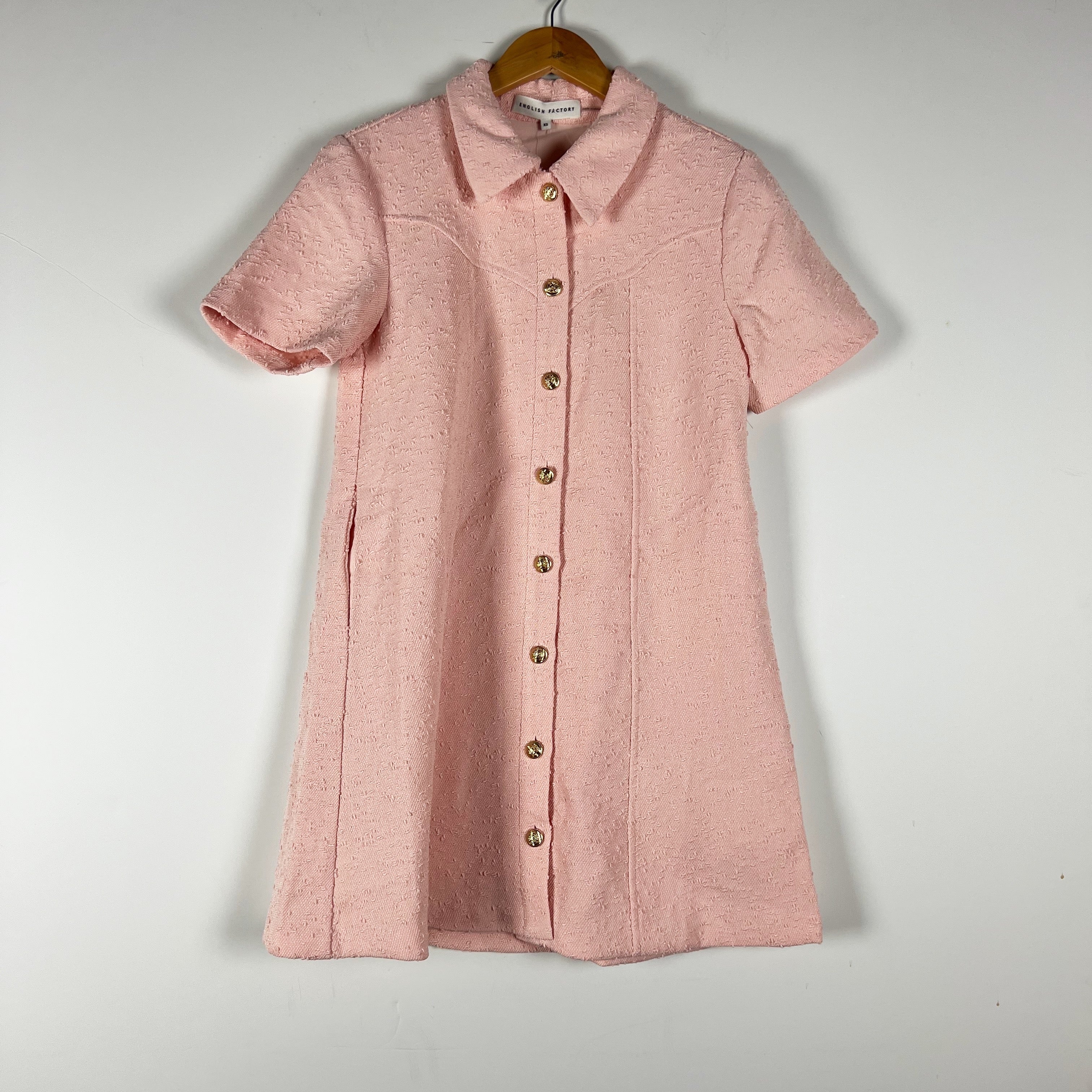 NEW English Factory Elle Textured Woven Button Front Collared Mini Dress Pink
