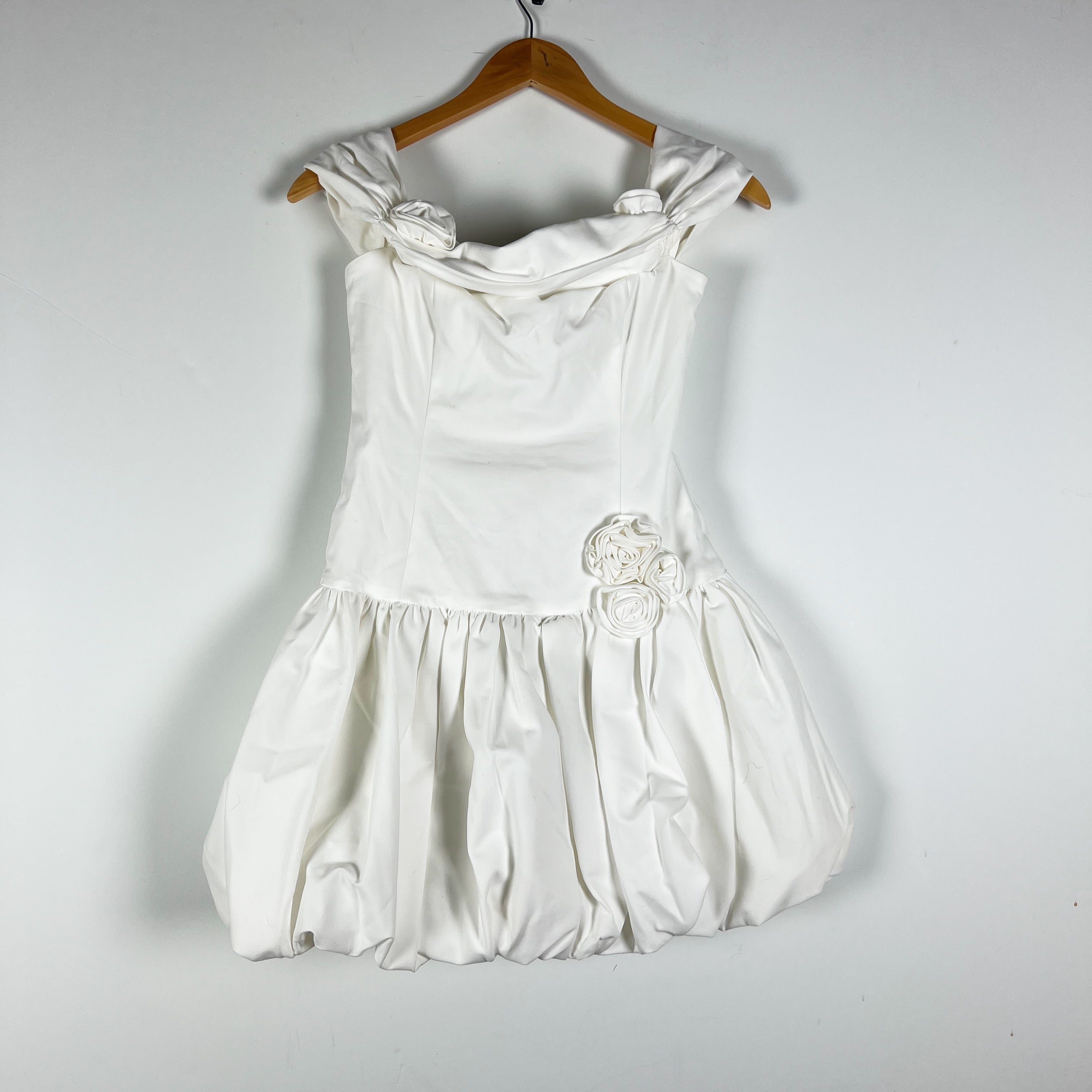 Meshki Giovanna Cotton Stretch Off The Shoulder Rosette Applique Mini Dress S