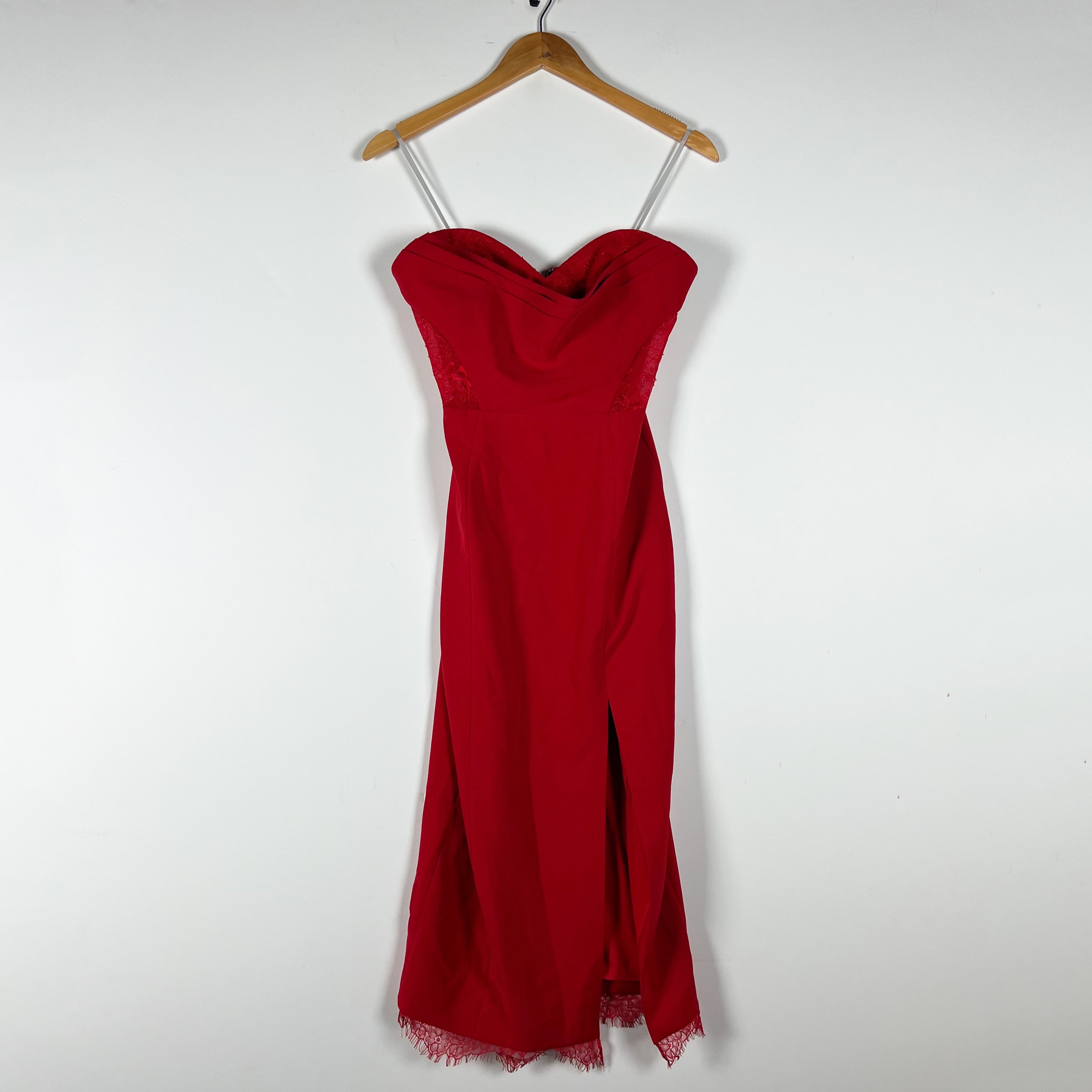 NEW Marchesa Notte Draped Bodice Crepe Sweetheart Neckline Lace Panel Dress Red