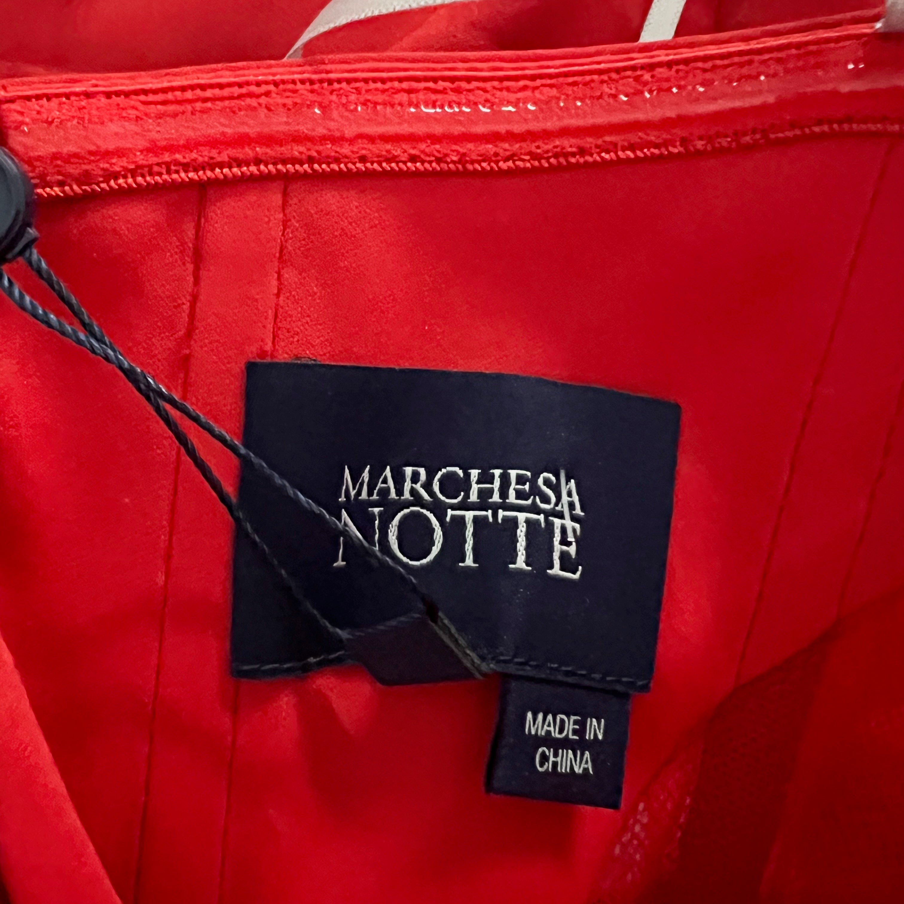 NEW Marchesa Notte Draped Bodice Crepe Sweetheart Neckline Lace Panel Dress Red