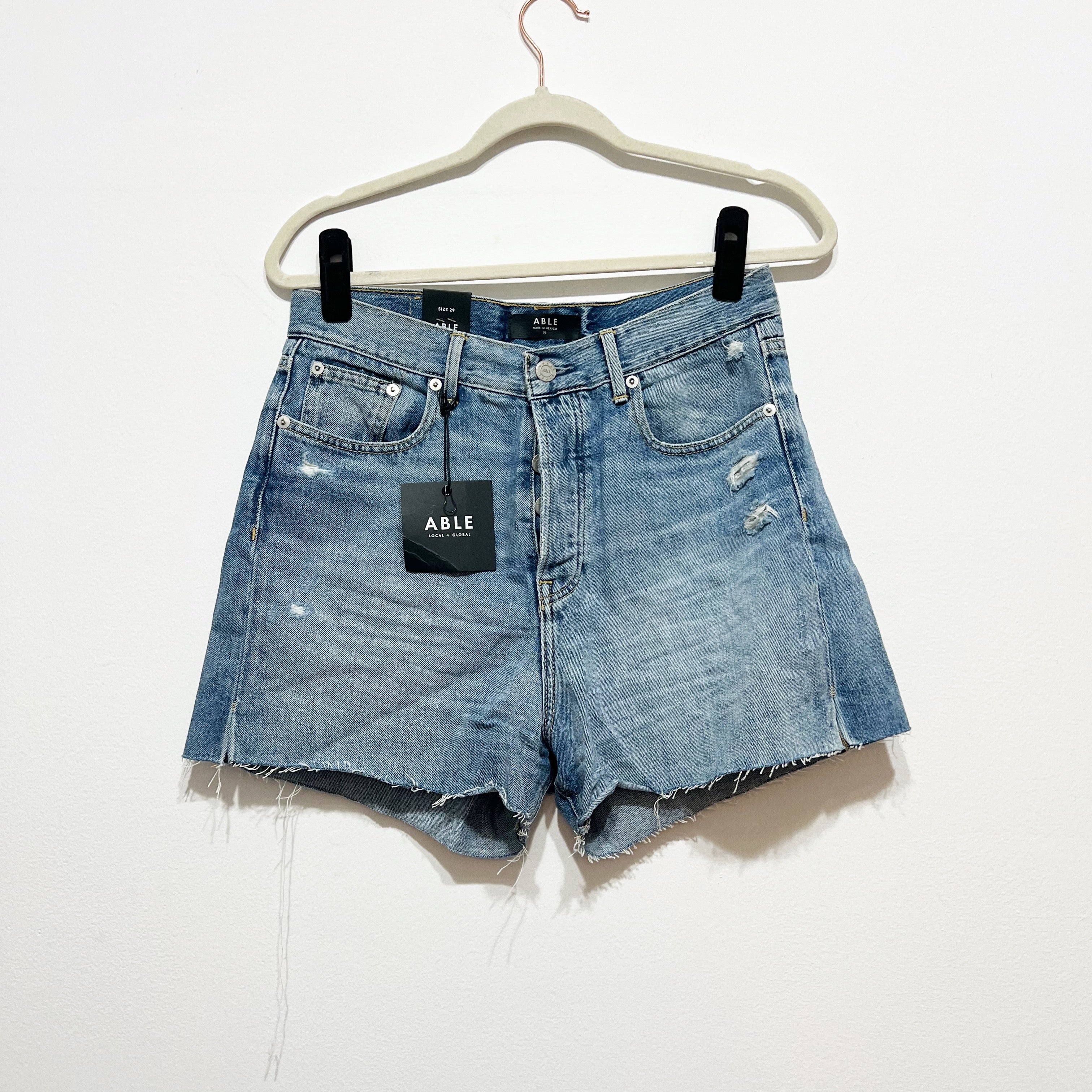NEW Able Bridget Vintage High Rise Distressed CutOff Cotton Denim Jean Shorts 29
