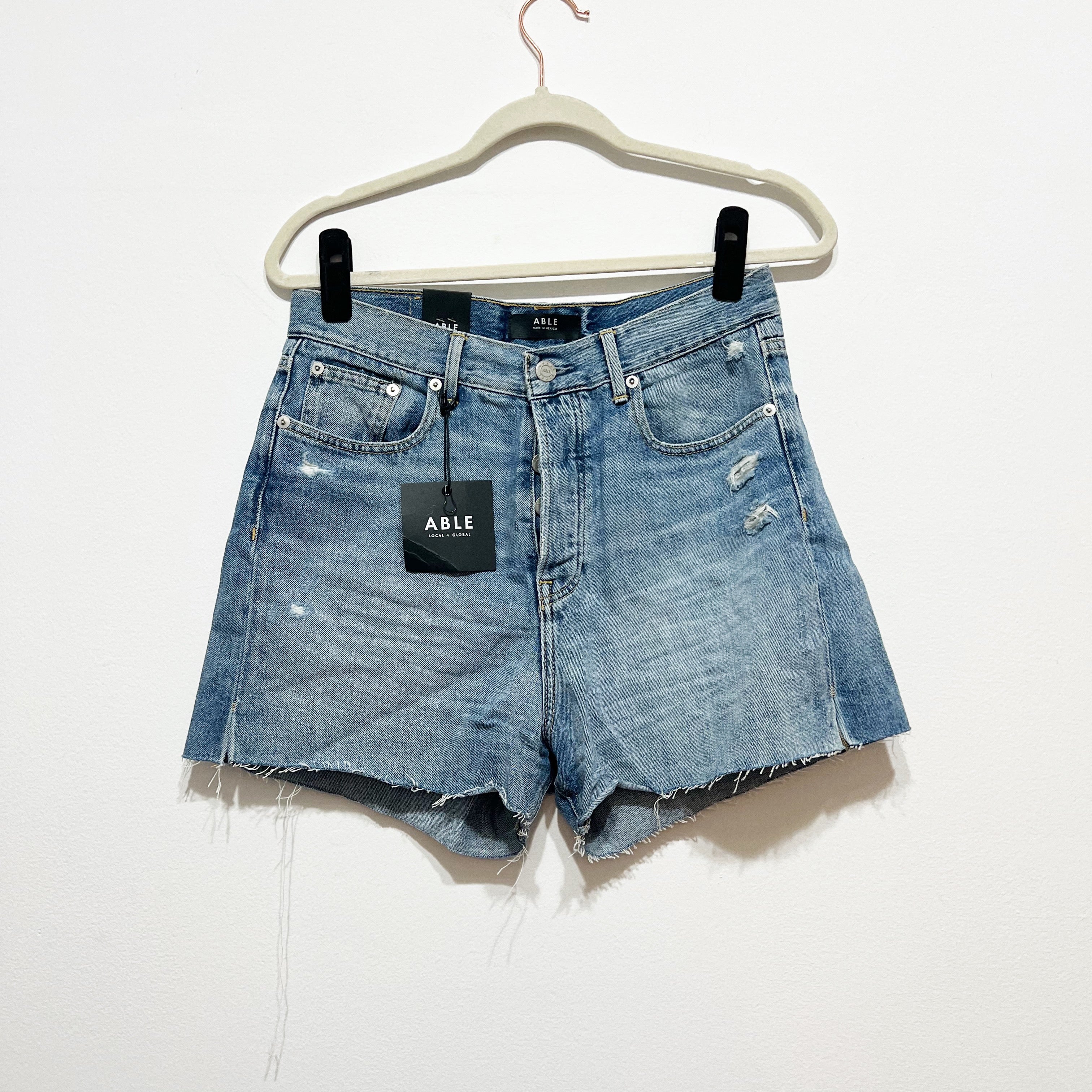 NEW Able Bridget Vintage High Rise Distressed CutOff Cotton Denim Jean Shorts 31