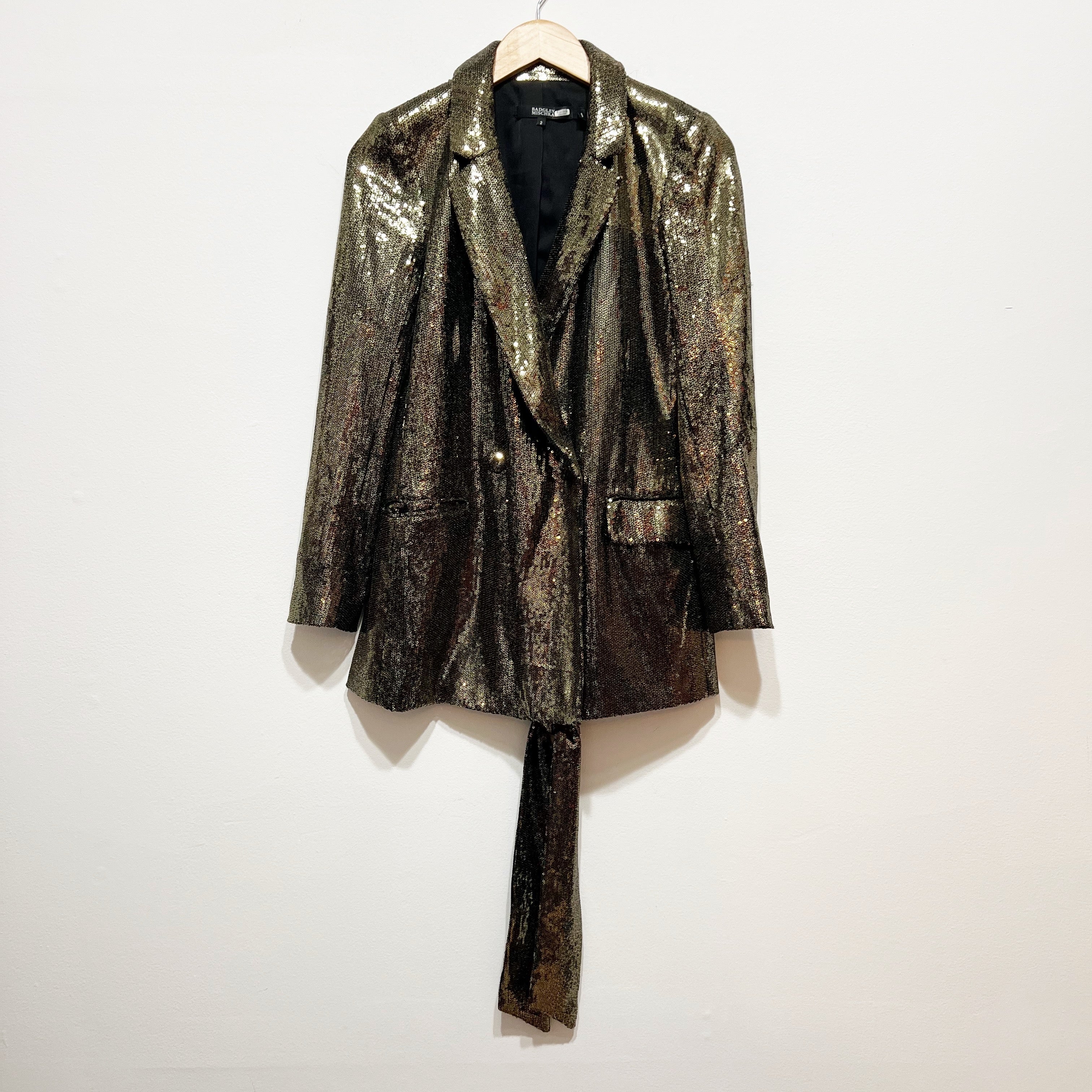 Badgley Mischka Gold Sequin Sparkle Embellished Belted Blazer Jacket Party 2