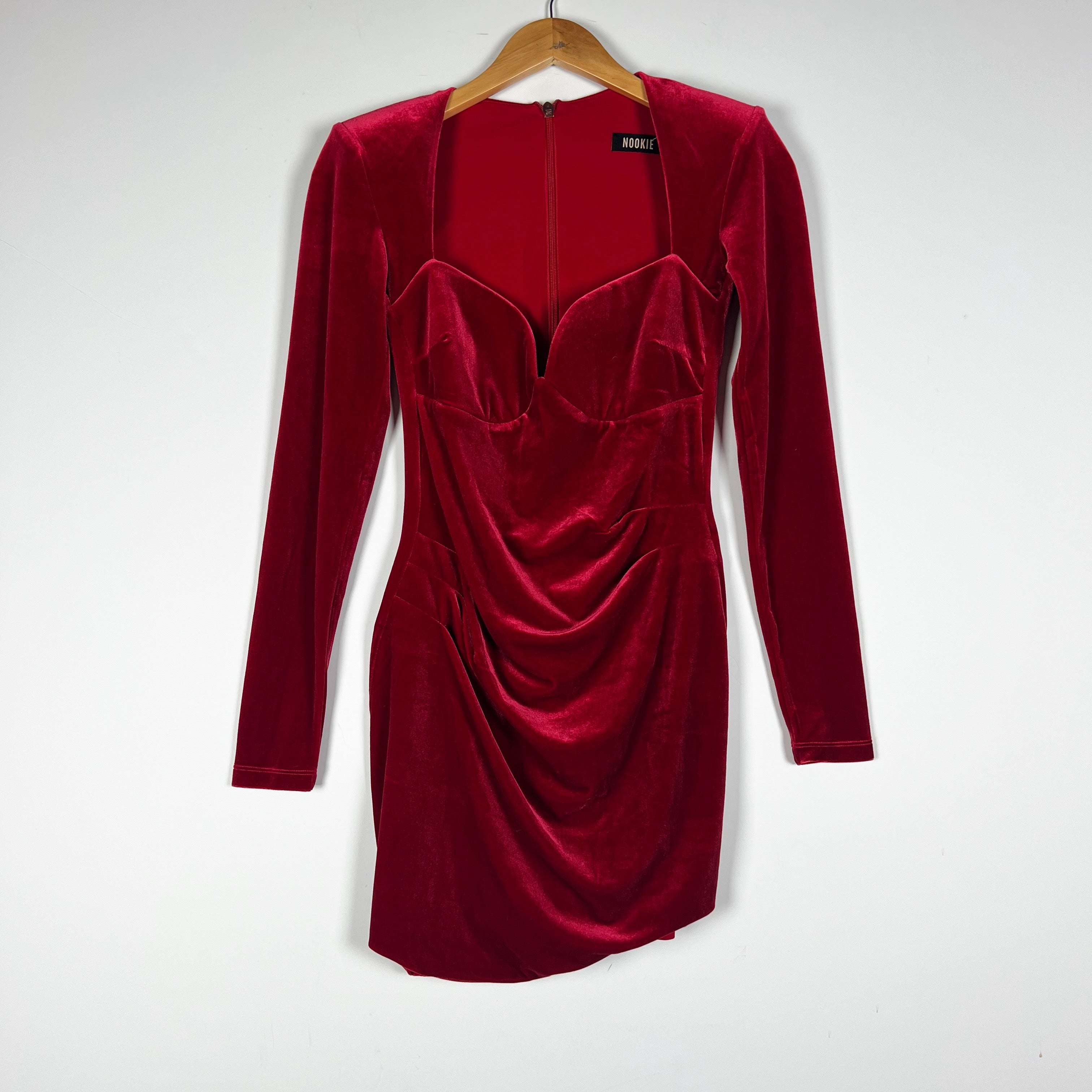 Nookie Mystery Sweetheart Neckline Velvet Velour Ruched Long Sleeve Mini Dress S