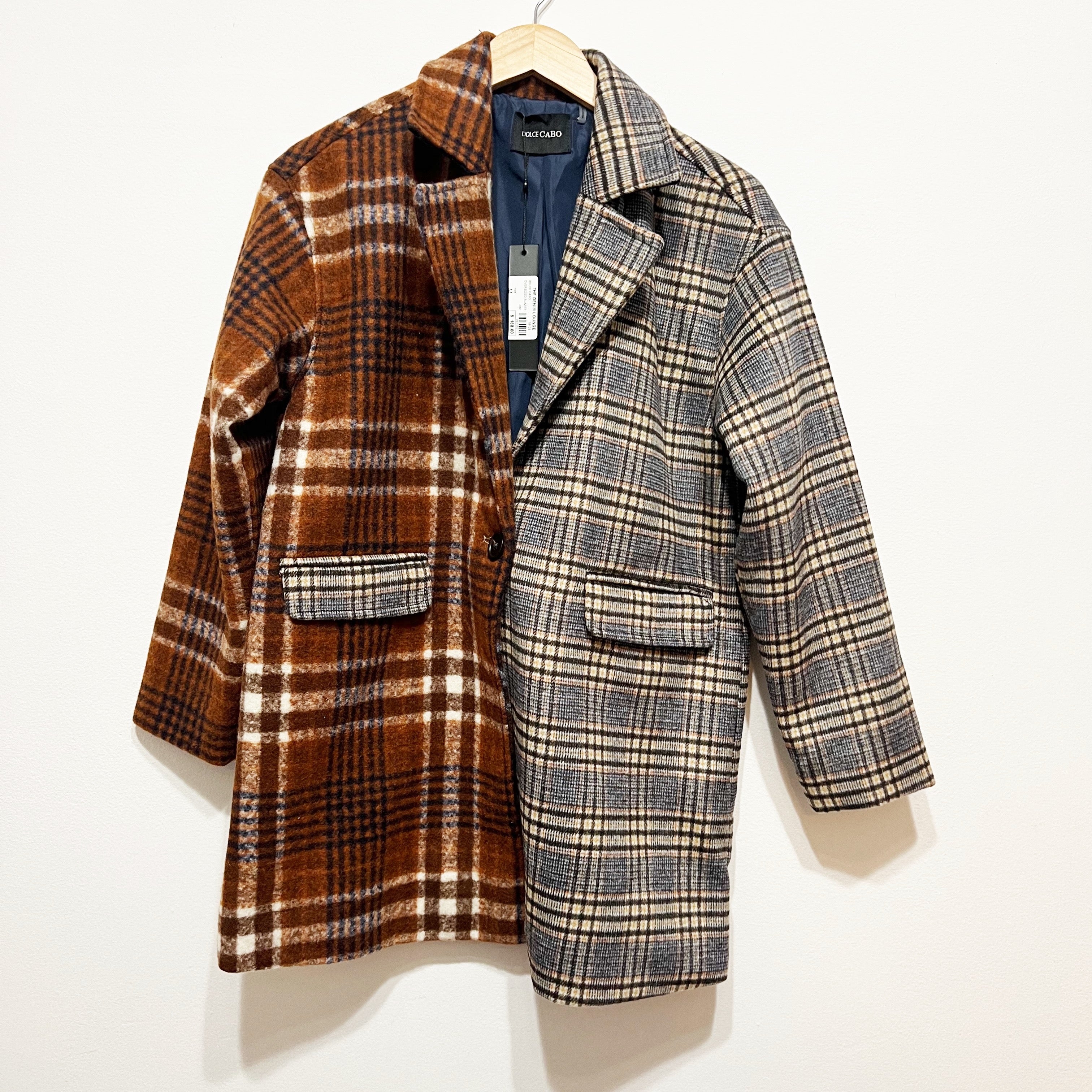 NEW Dolce Cabo Oversized Mixed Plaid Print Pattern Micro Felt Blazer Jacket M