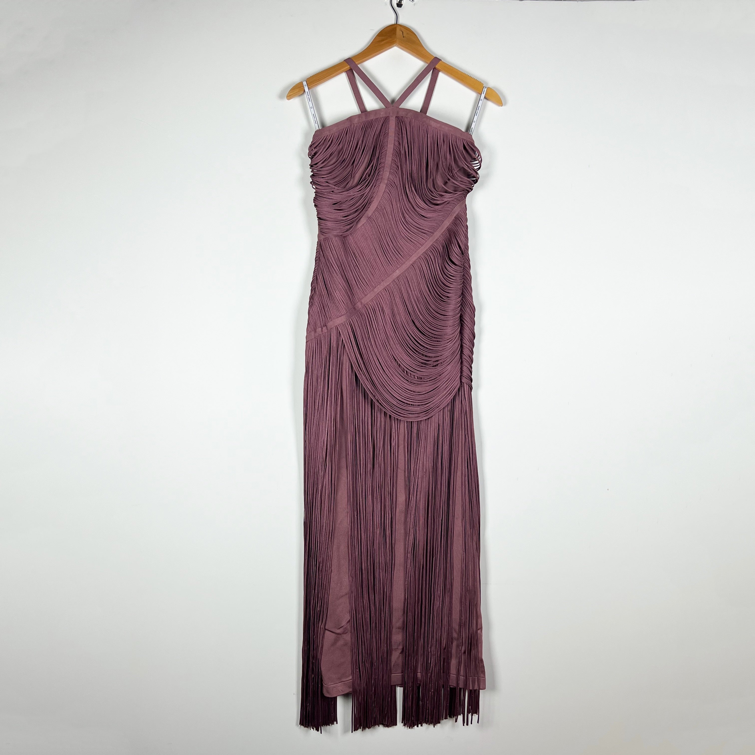 NEW Herve Leger Amelia Halterneck Stretch Knit Draped Fringe Midi Dress Mauve M