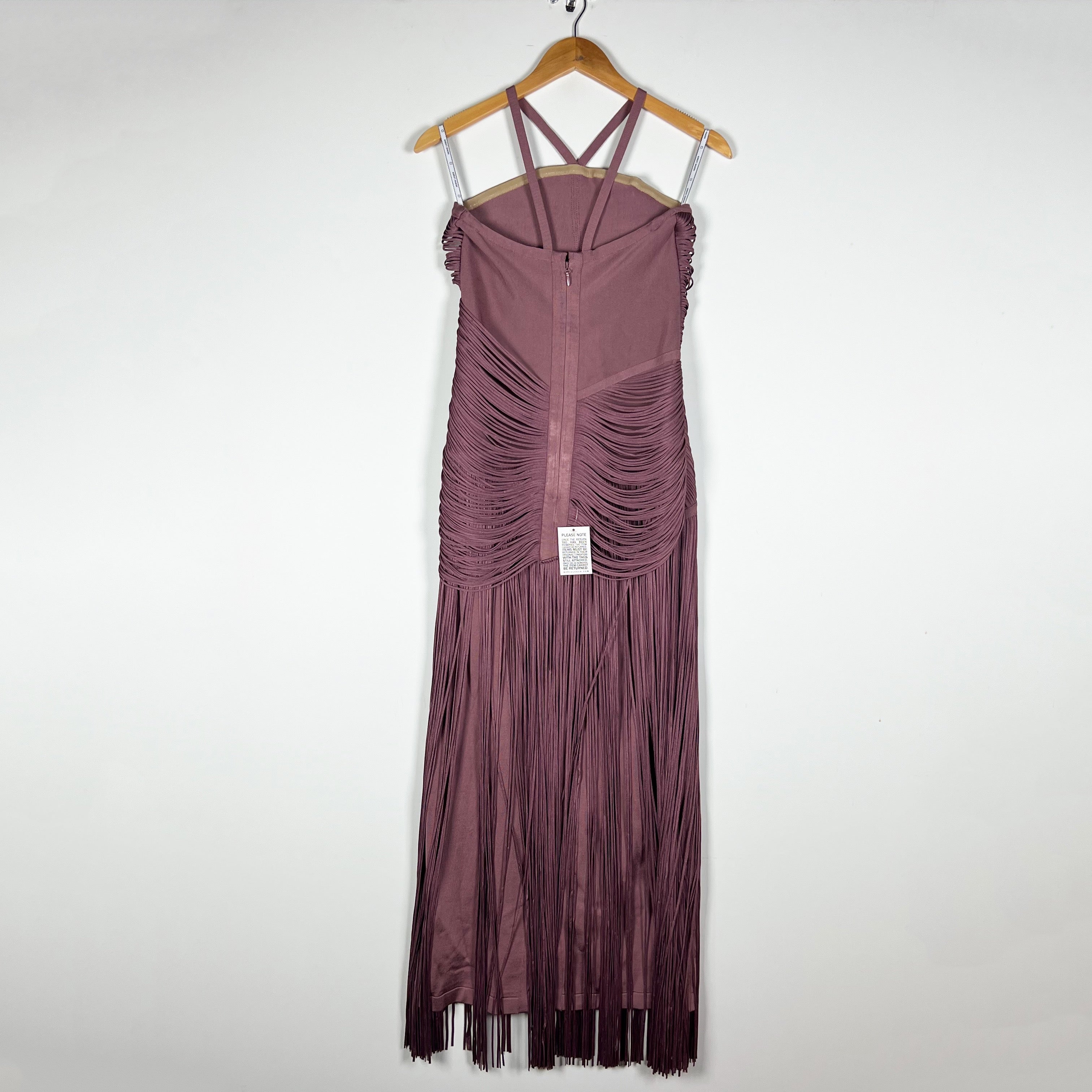 NEW Herve Leger Amelia Halterneck Stretch Knit Draped Fringe Midi Dress Mauve M