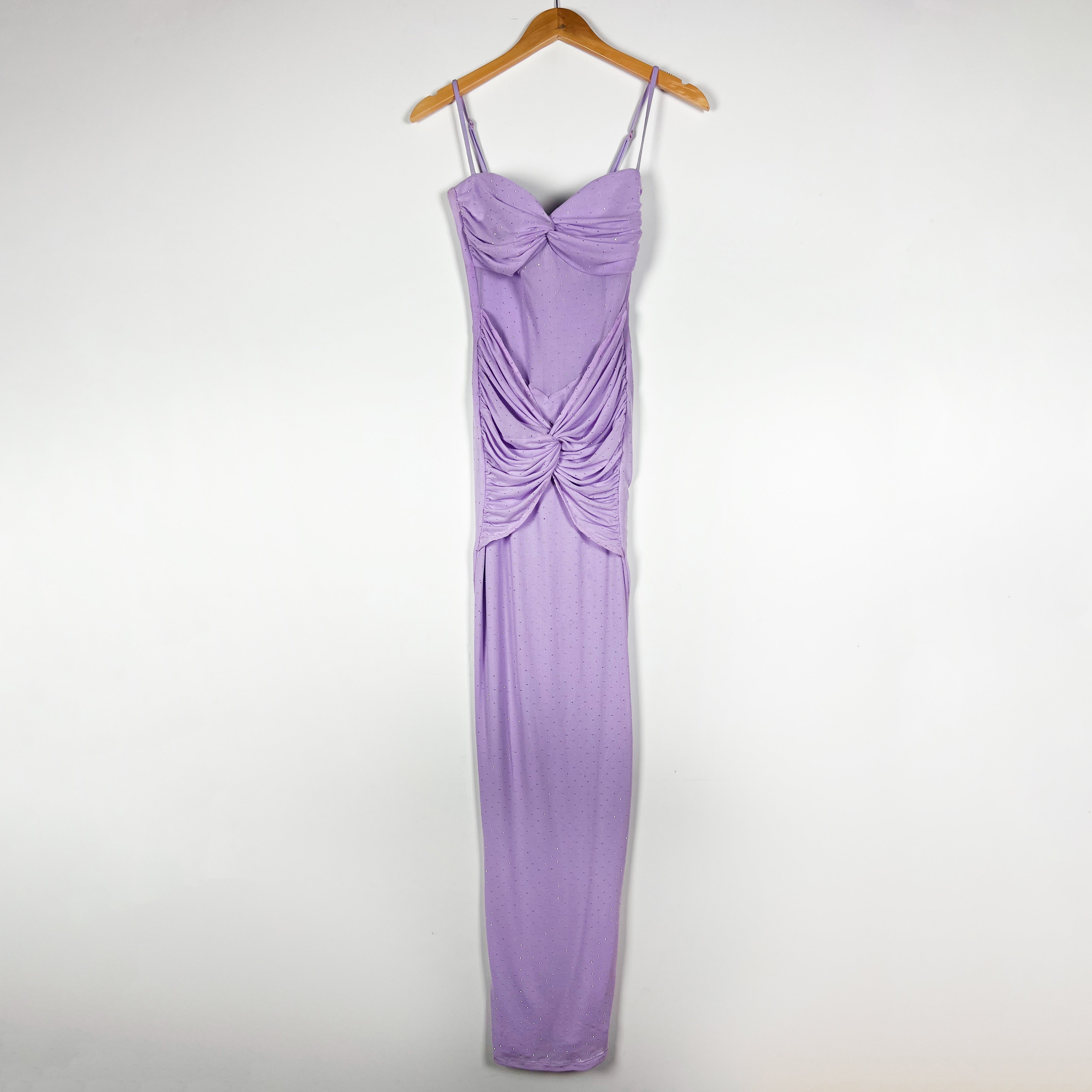 Nookie Crystal Studded Embellished Mesh Stretch Maxi Dress Lilac Purple Small