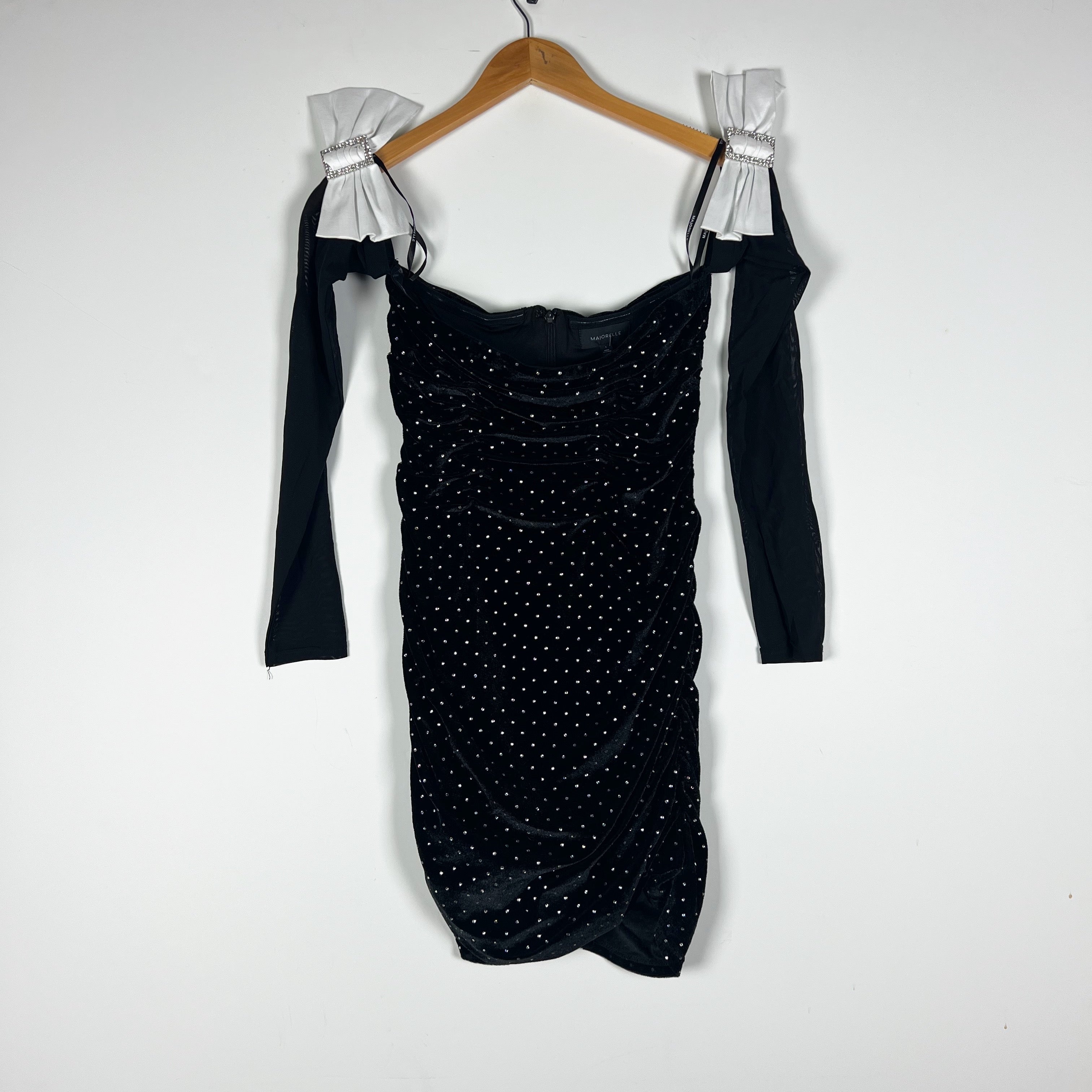 MAJORELLE Julia Crystal Jewel Rhinestone Velvet Velour Ruched Bow Mini Dress S