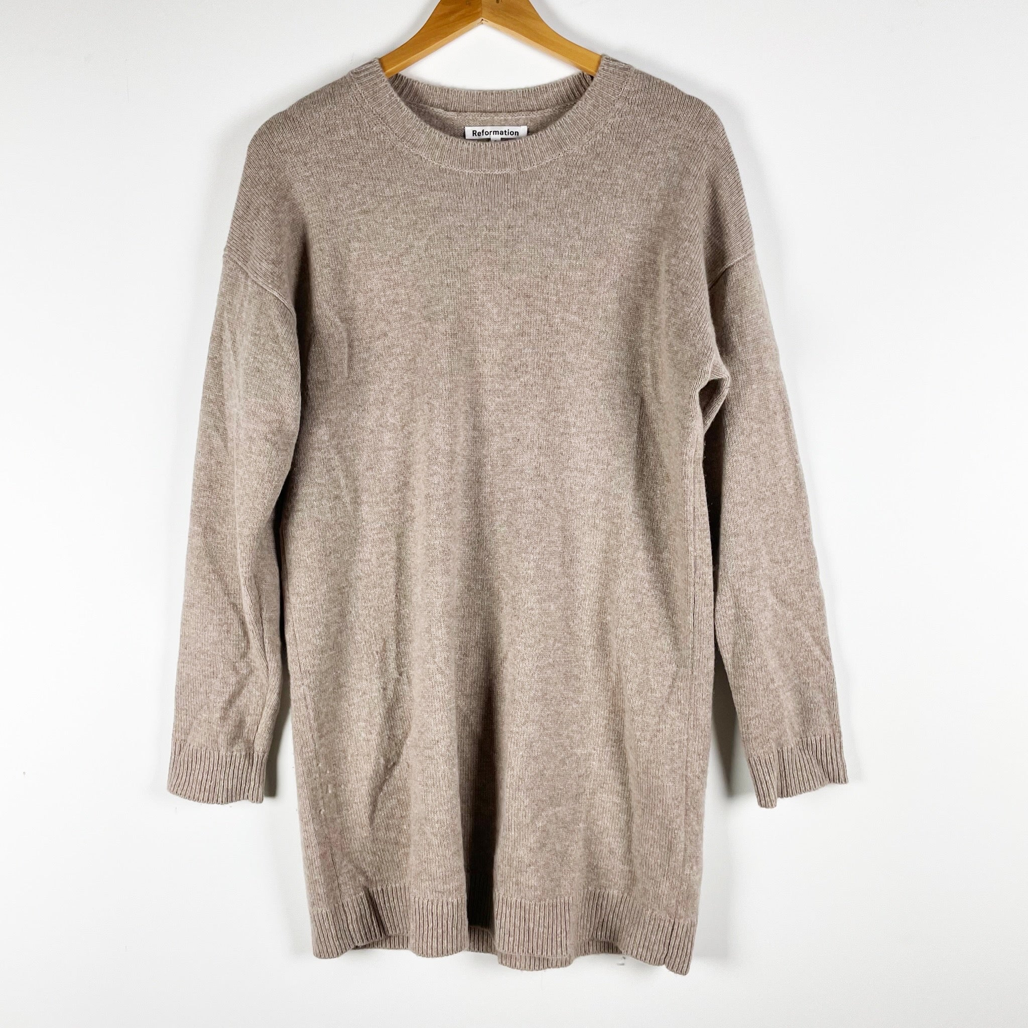 Reformation Henrietta Cashmere Crew Neck Pullover Mini Sweater Dress Beige Small