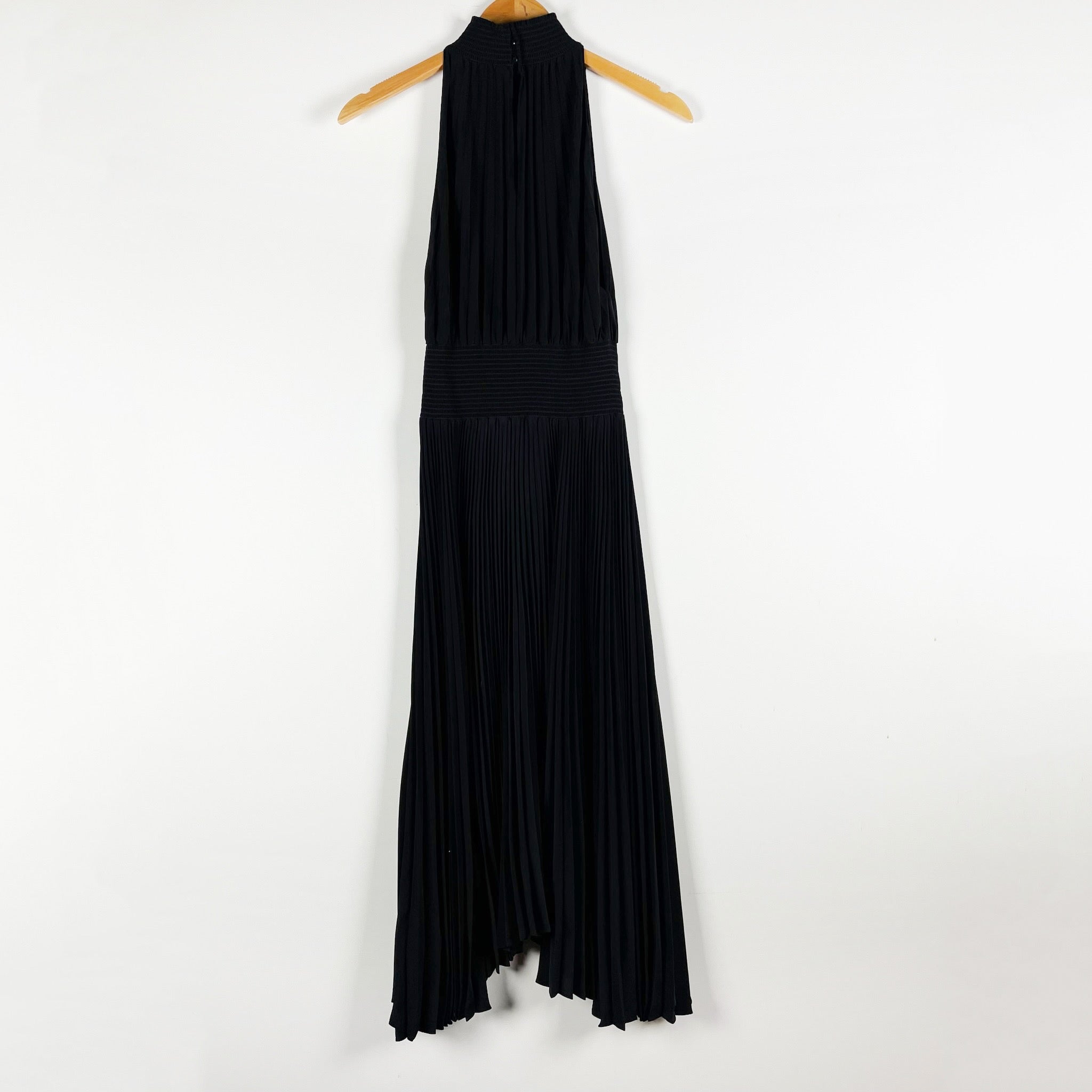 A.L.C. Renzo Matte Pleated High Neck Sleeveless Smock Waist Midi Dress Black 2