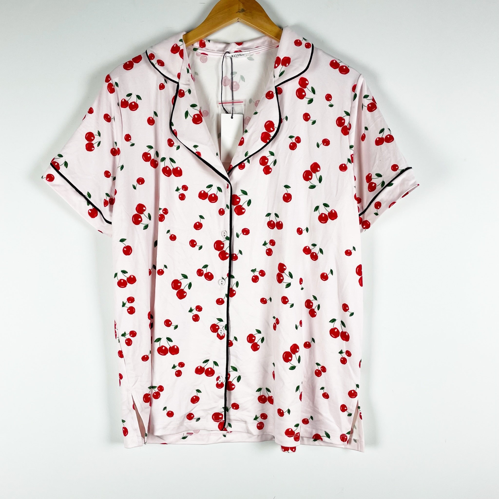 NEW Mason Grey Cherry On Top Fruit Print Pattern Lounge Pajama Shirt Pink Red L