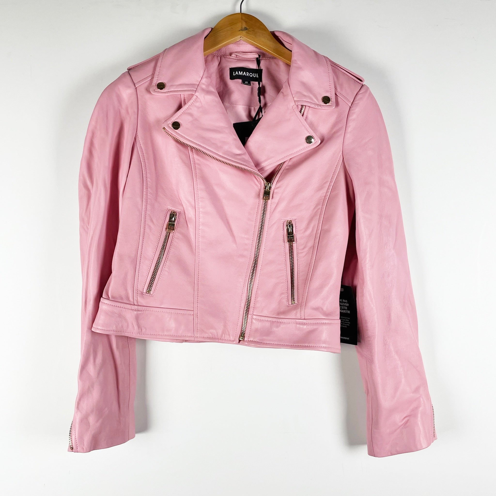 NEW Lamarque Donna Genuine Leather Full Zip Jacket Pink with Gold Hardware XS