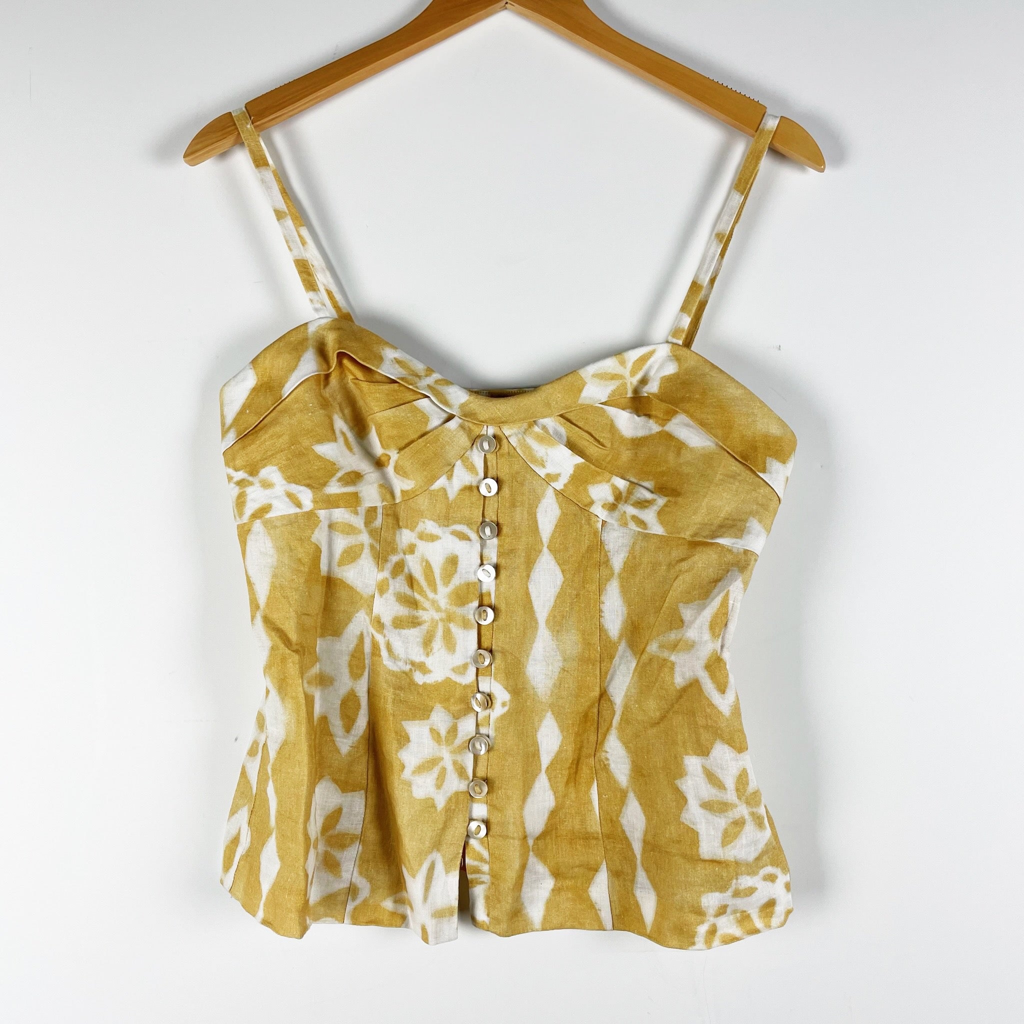 Rebecca Taylor Paper Fleur Button Front Linen Tank Top In Yellow Ginger Combo 4