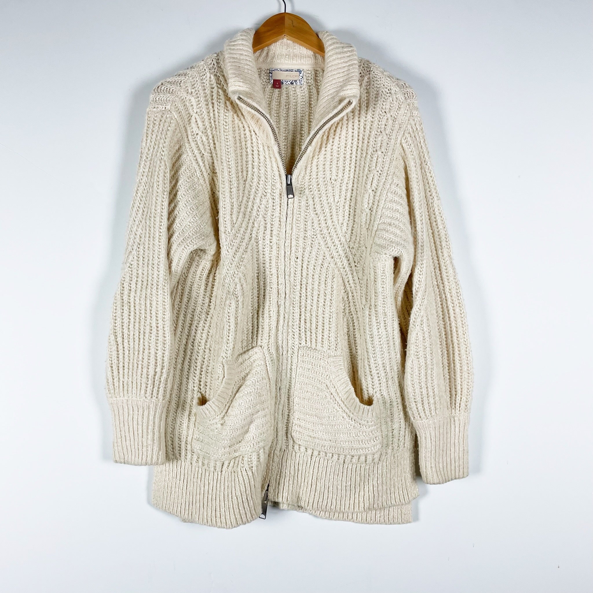 Anthropologie Pilcro Cotton Wool Blend Knit Crochet Zip Front Longline Cardigan