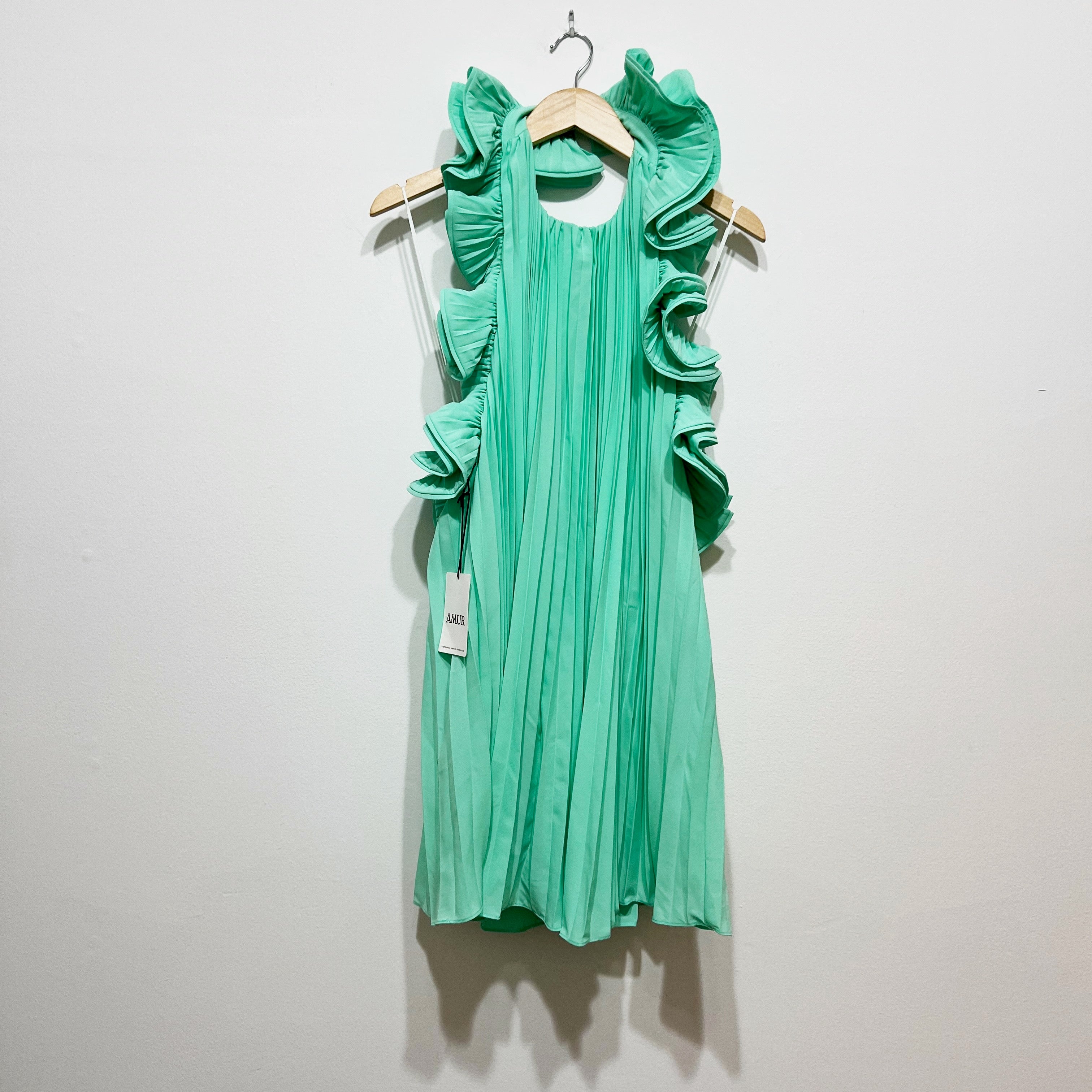 NEW Amur Mimi Pleated Ruffle Backless Halterneck Mini Dress Miami Sky Mint 4