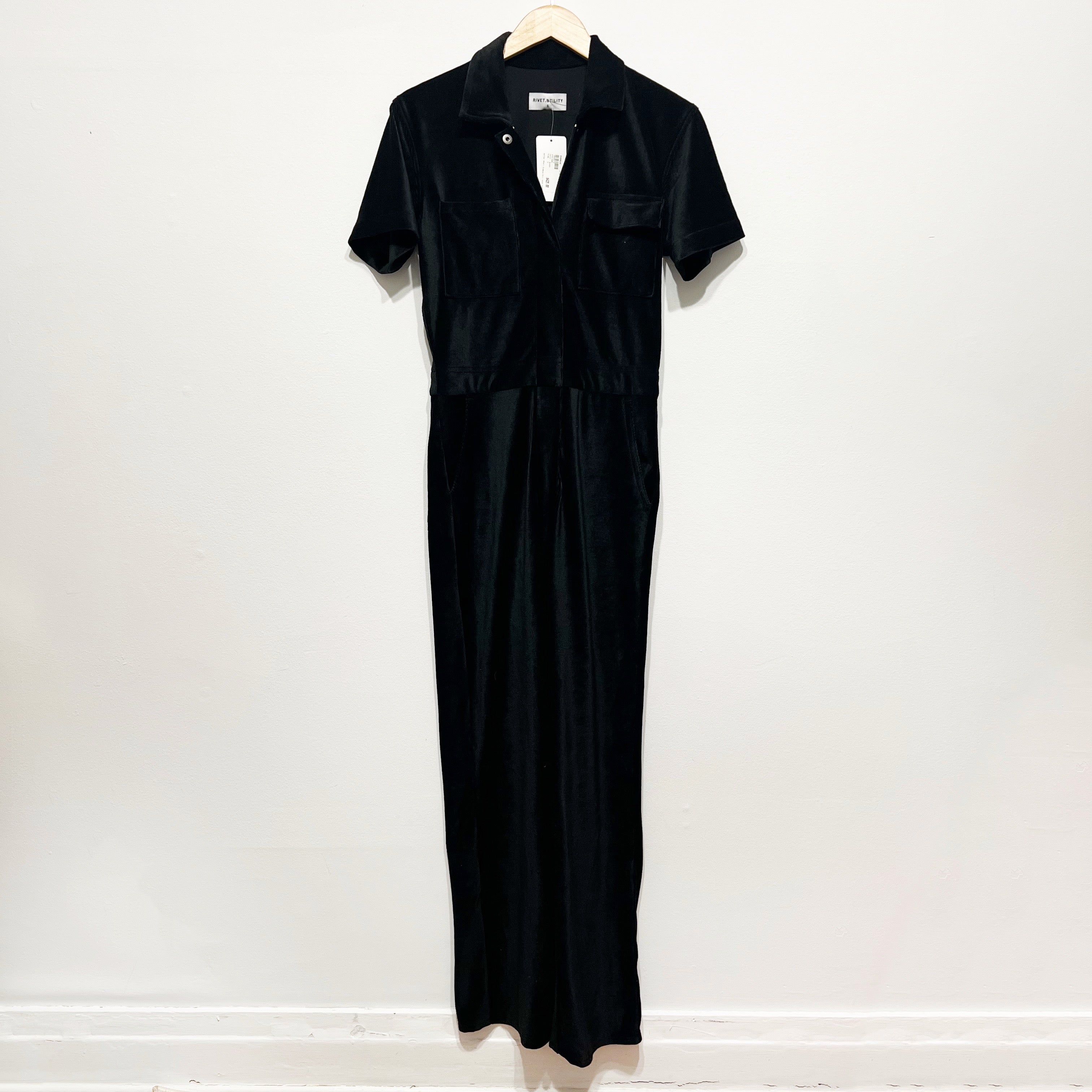 NEW Rivet Utility Short Sleeve Knit Corduroy Velvet Velour Jumpsuit Jumper Black