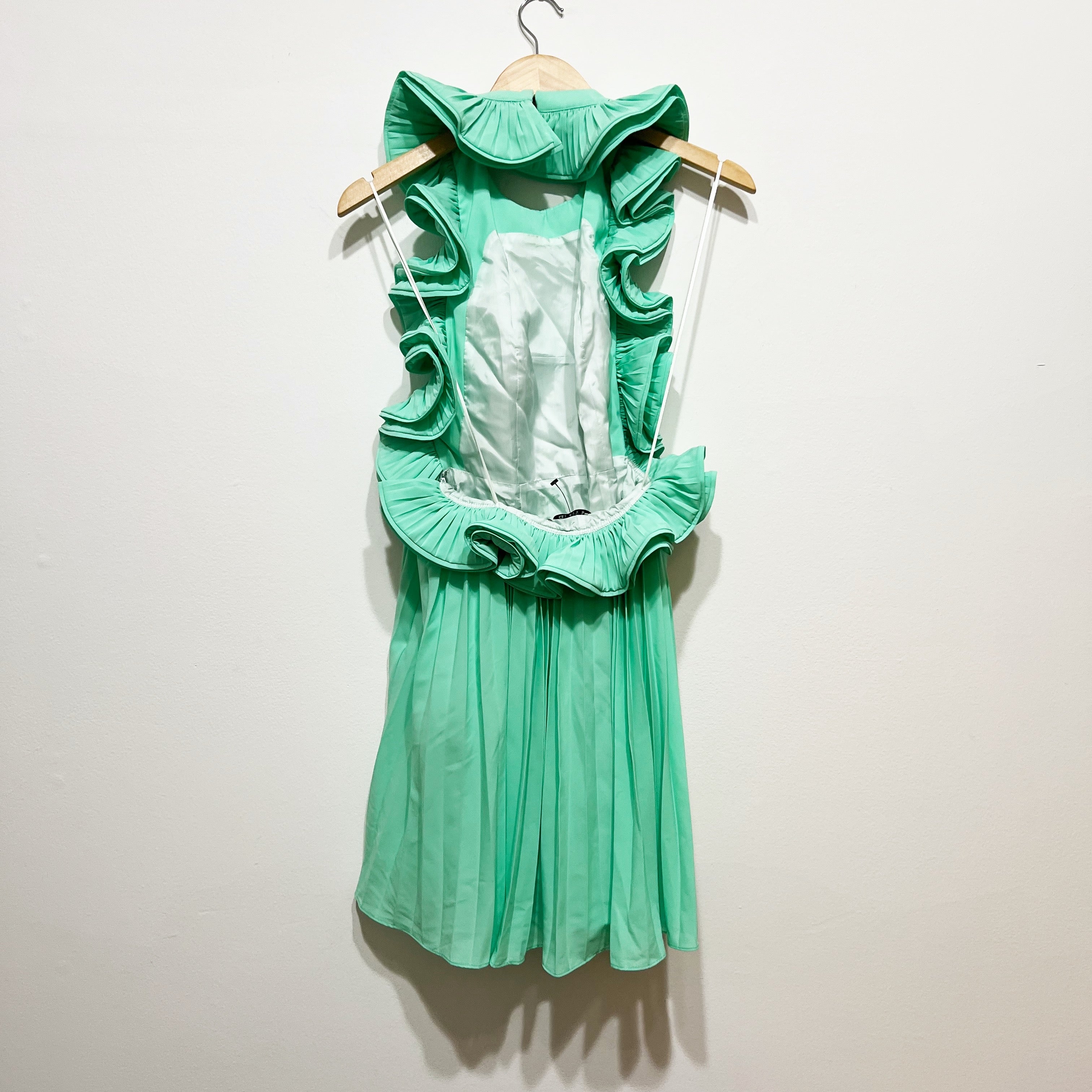 NEW Amur Mimi Pleated Ruffle Backless Halterneck Mini Dress Miami Sky Mint 4