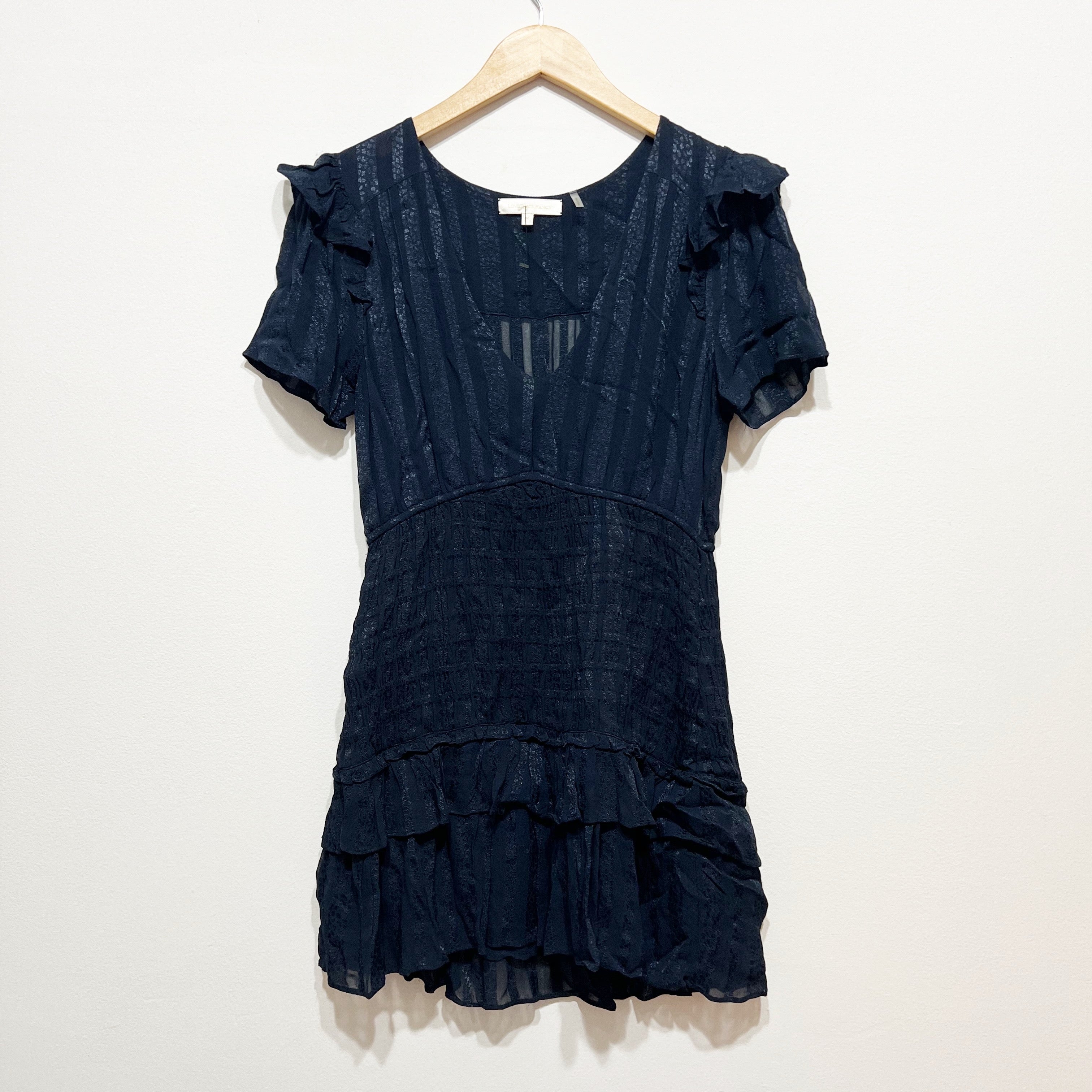 LoveShackFancy Rena Smocked Stretch Waist V Neck Ruffle Mini Dress Midnight M