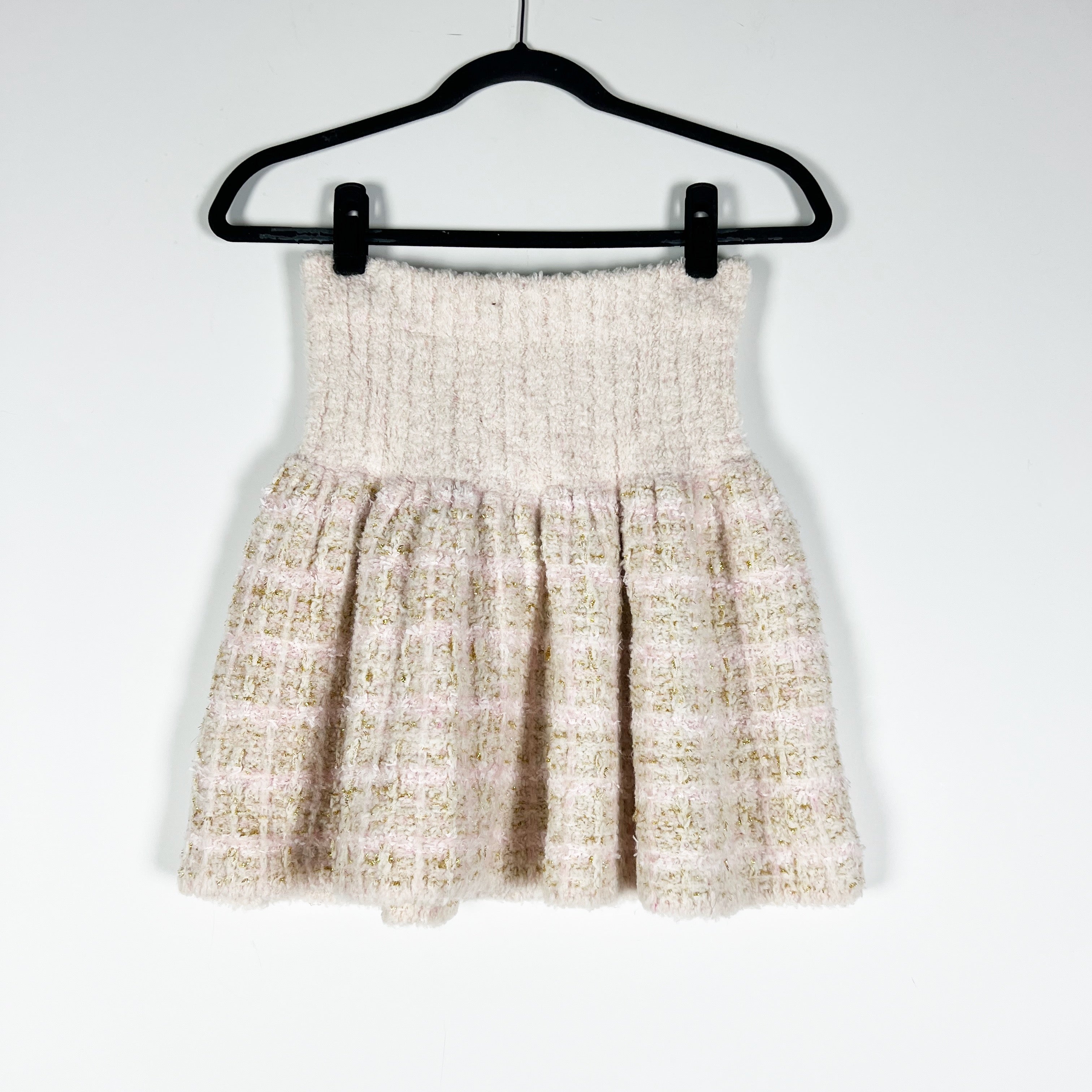 NEW LoveShackFancy Bibi Wool Metallic Tweed Boucle Mini Skirt Cream Puff Pink S