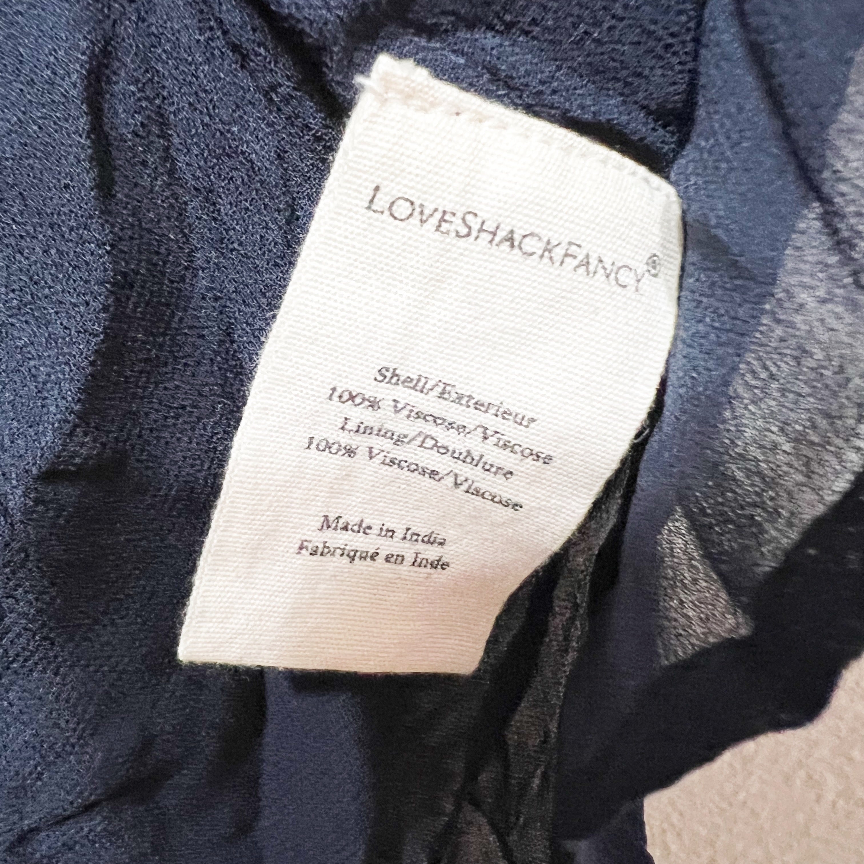 LoveShackFancy Rena Smocked Stretch Waist V Neck Ruffle Mini Dress Midnight M