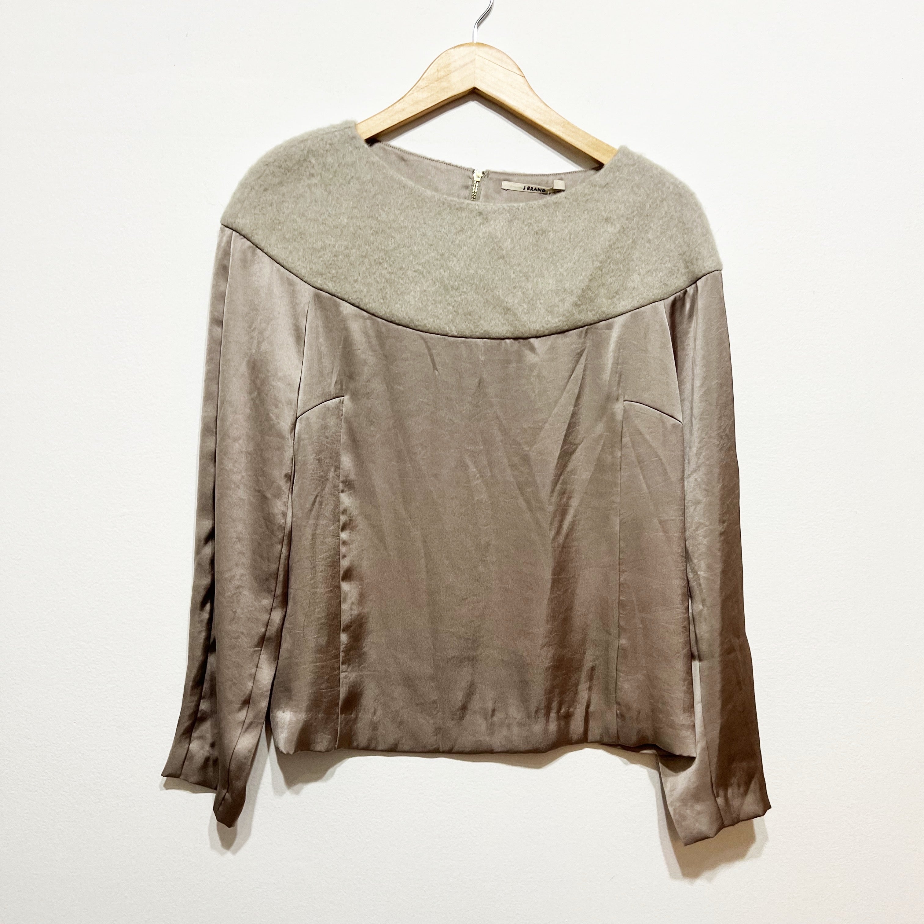 NEW J Brand Felt Textured Wool Satin Contrast Mixed Media Panel Blouse Gray Dove