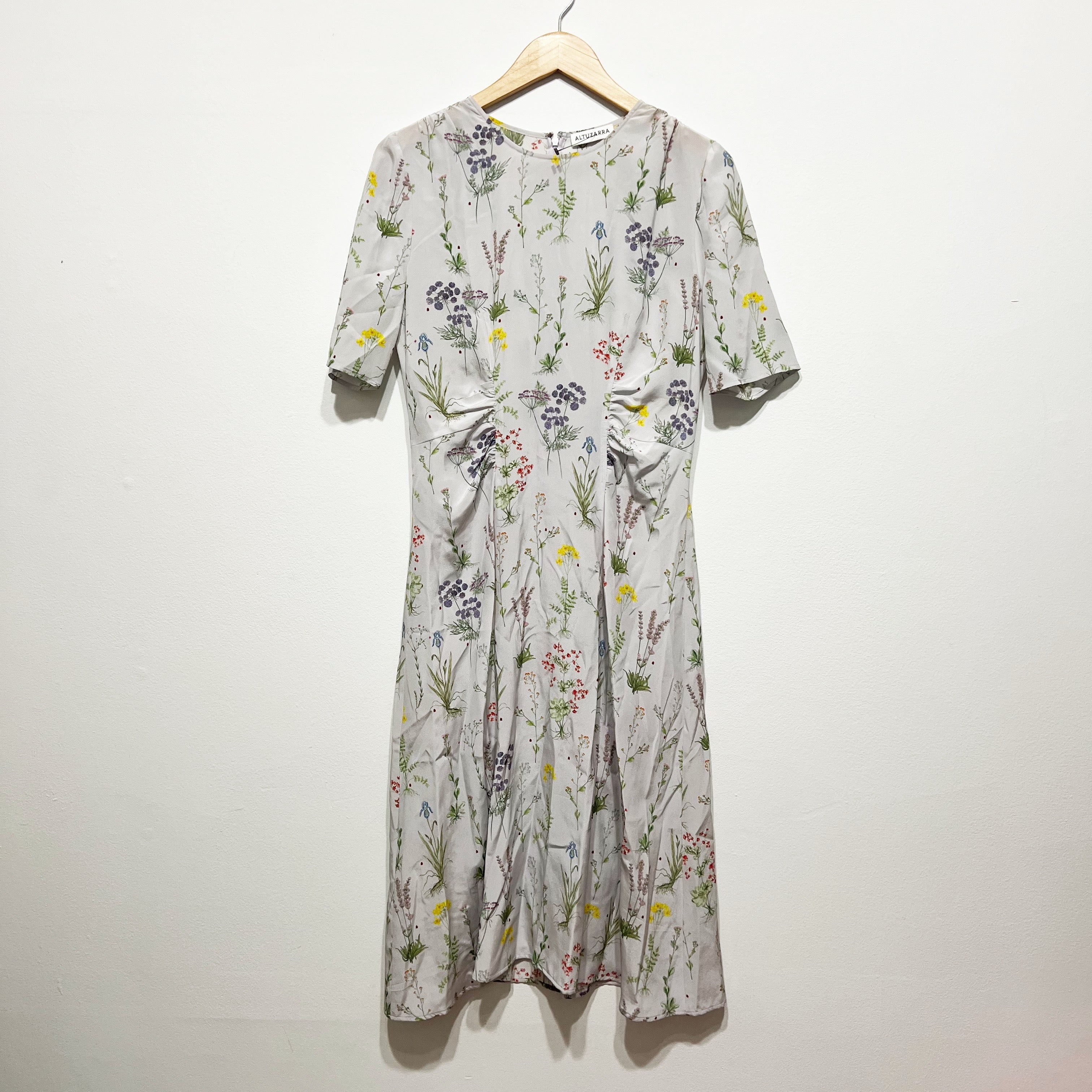 Altuzarra Sylvia Silk Chiffon Botanical Floral Print Pattern Ruched Midi Dress M