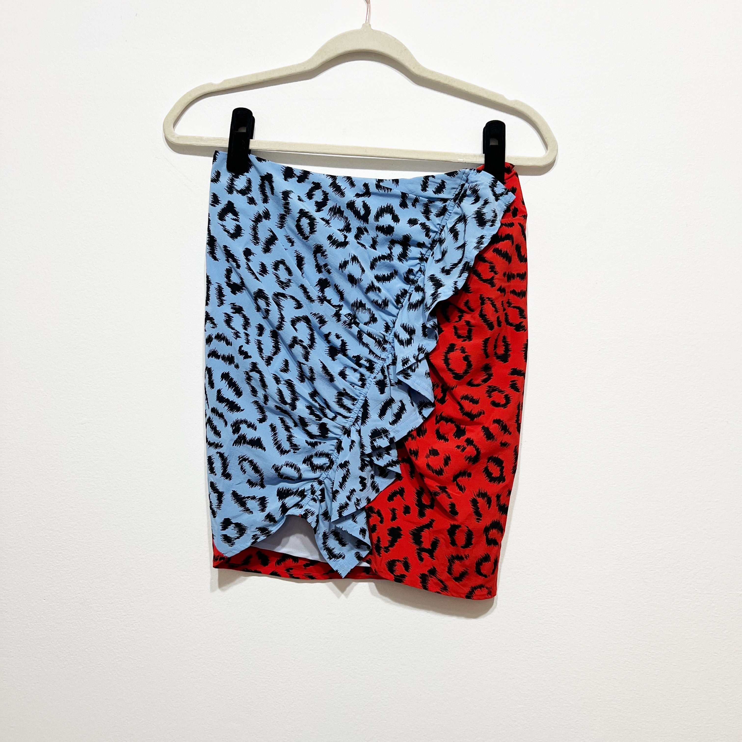 NEW A.L.C Geller Silk Stretch Chiffon Red Blue Cheetah Leopard Animal Mini Skirt