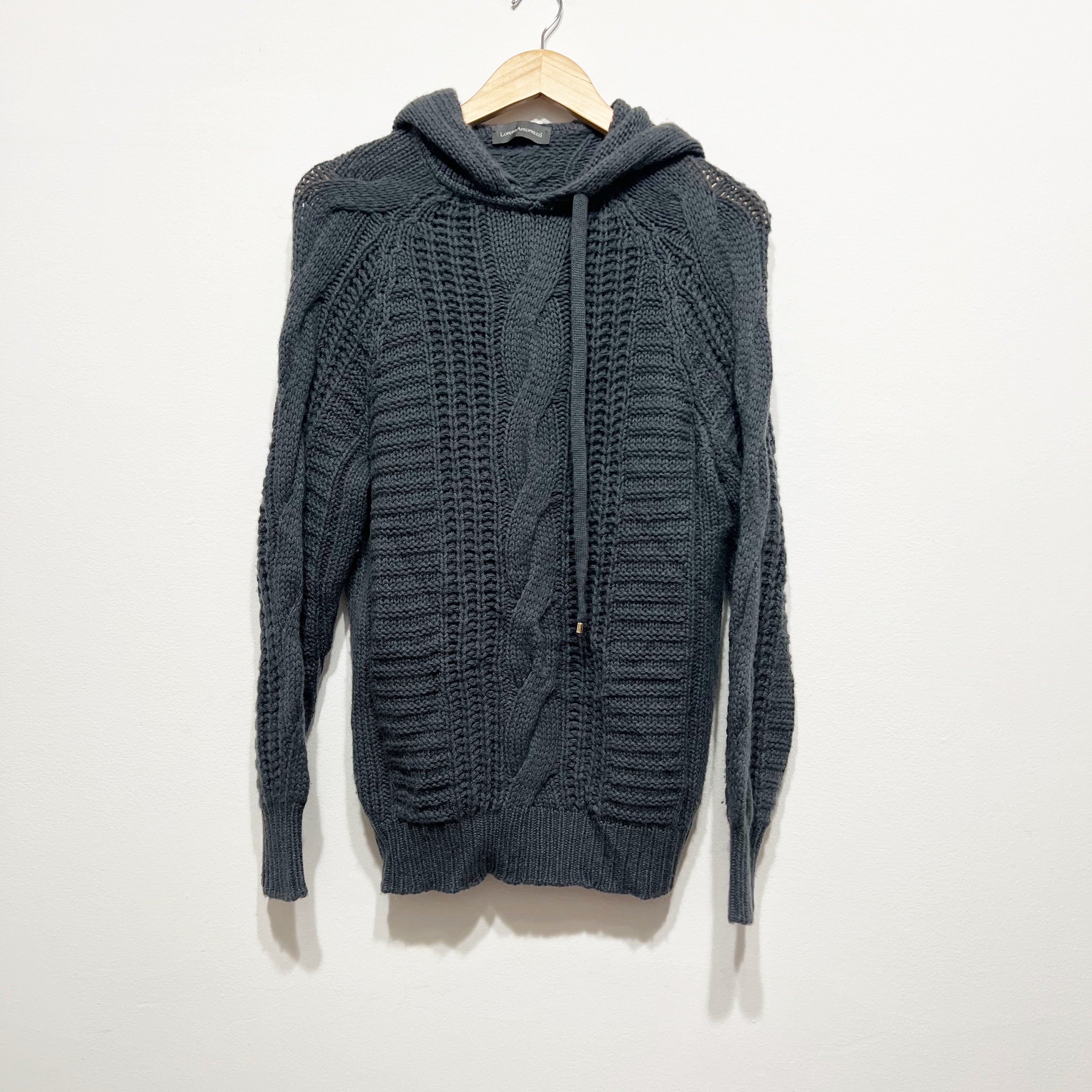 Lorena Antoniazzi Made In Italy Cashmere Cable Knit Pullover Hoodie Sweater Gray