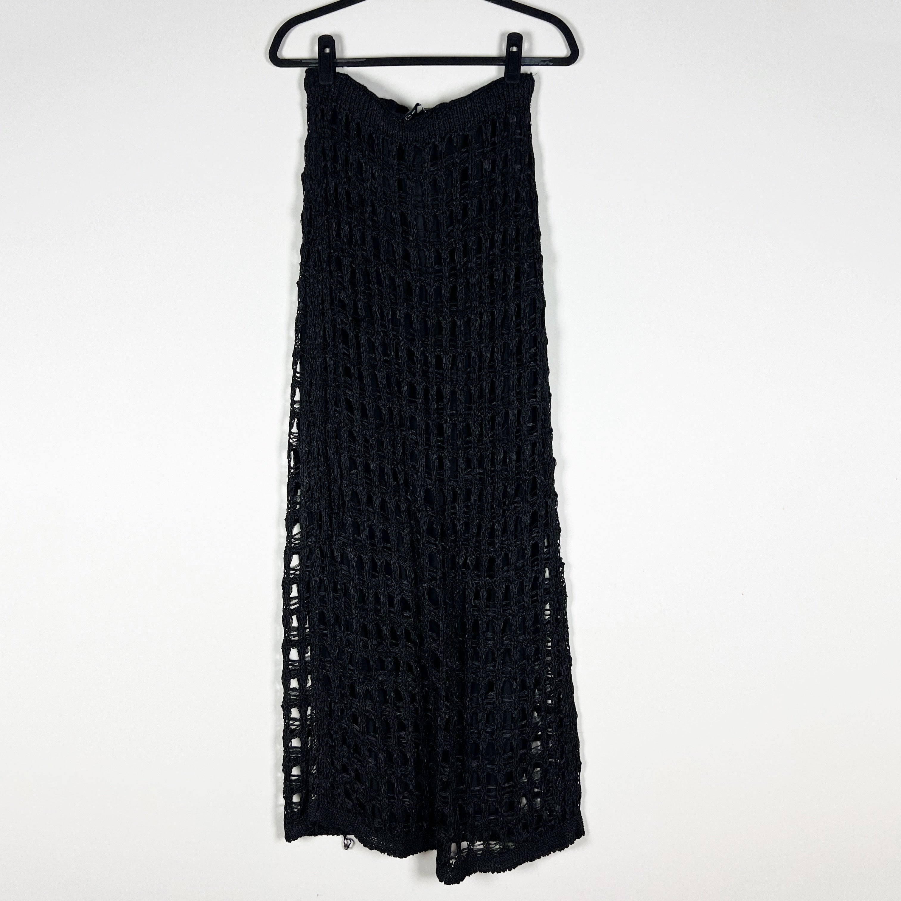 NEW Zara Raffia Crochet Knit Fish Net Mid Rise Straight Maxi Skirt Black Medium