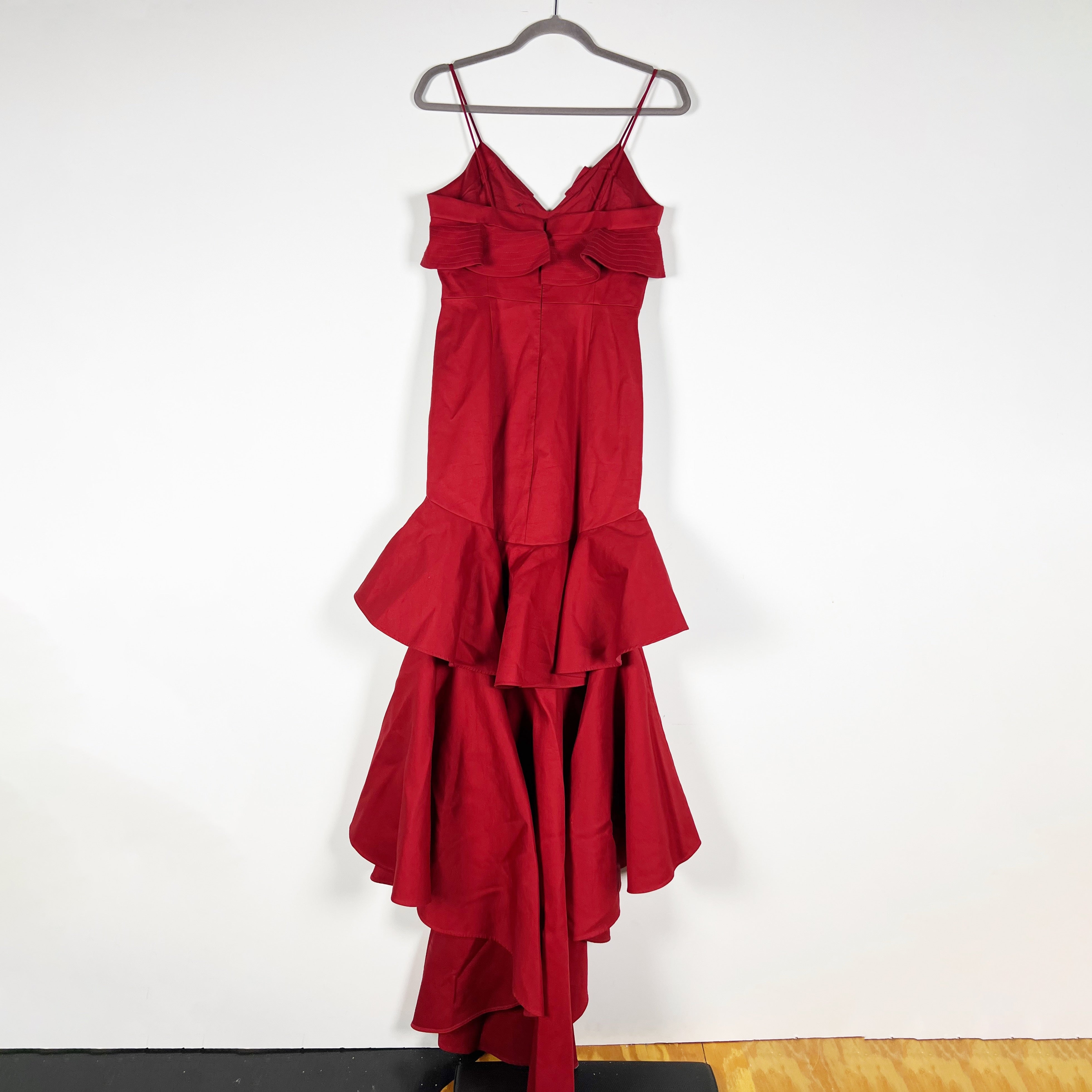 Alexis Zafina Cotton Poplin Asymmetrical Tiered Ruffle Long Maxi Dress Red Small