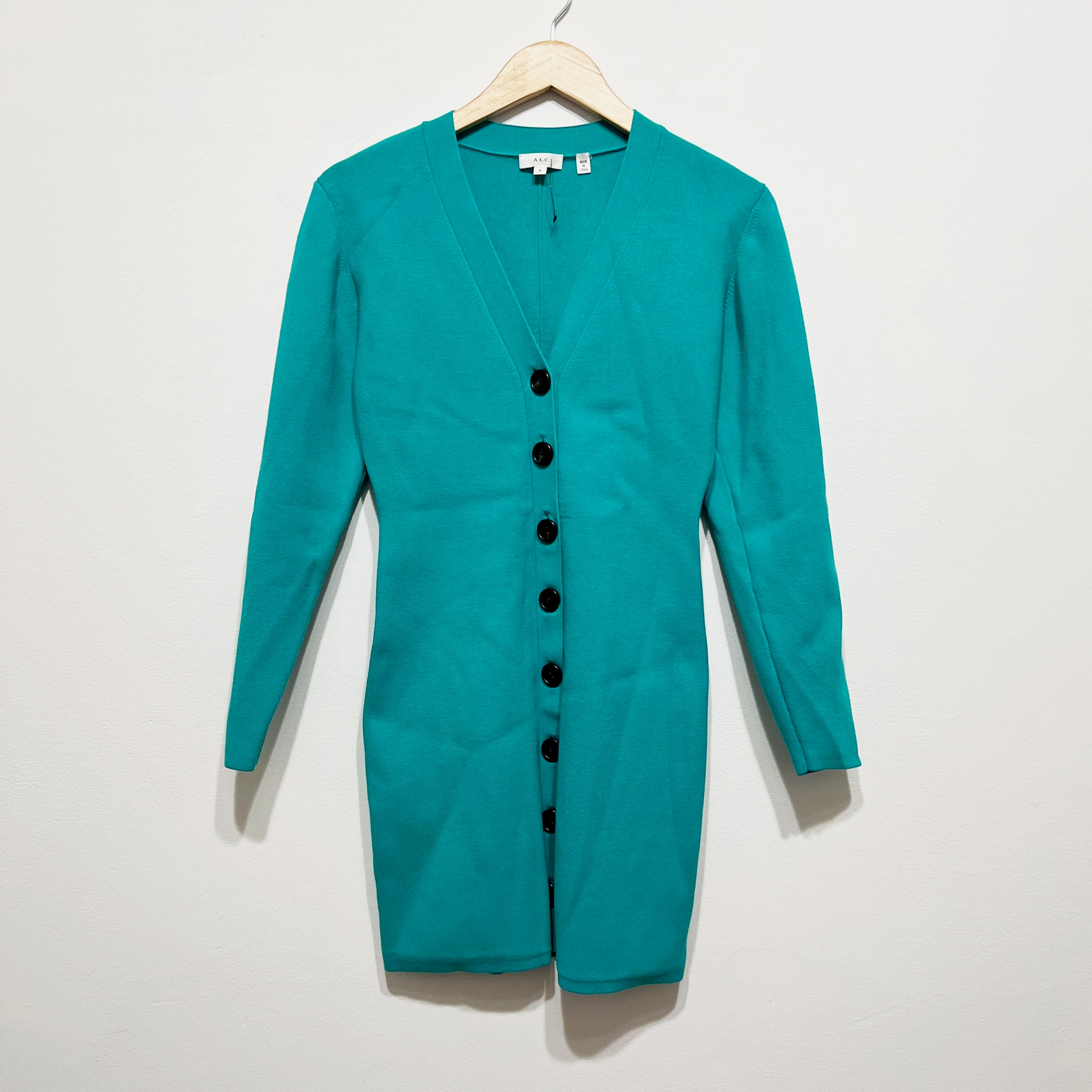 A.L.C. Nate Button Front Puff Long Sleeve Knit Stretch Cardigan Sweater Dress S