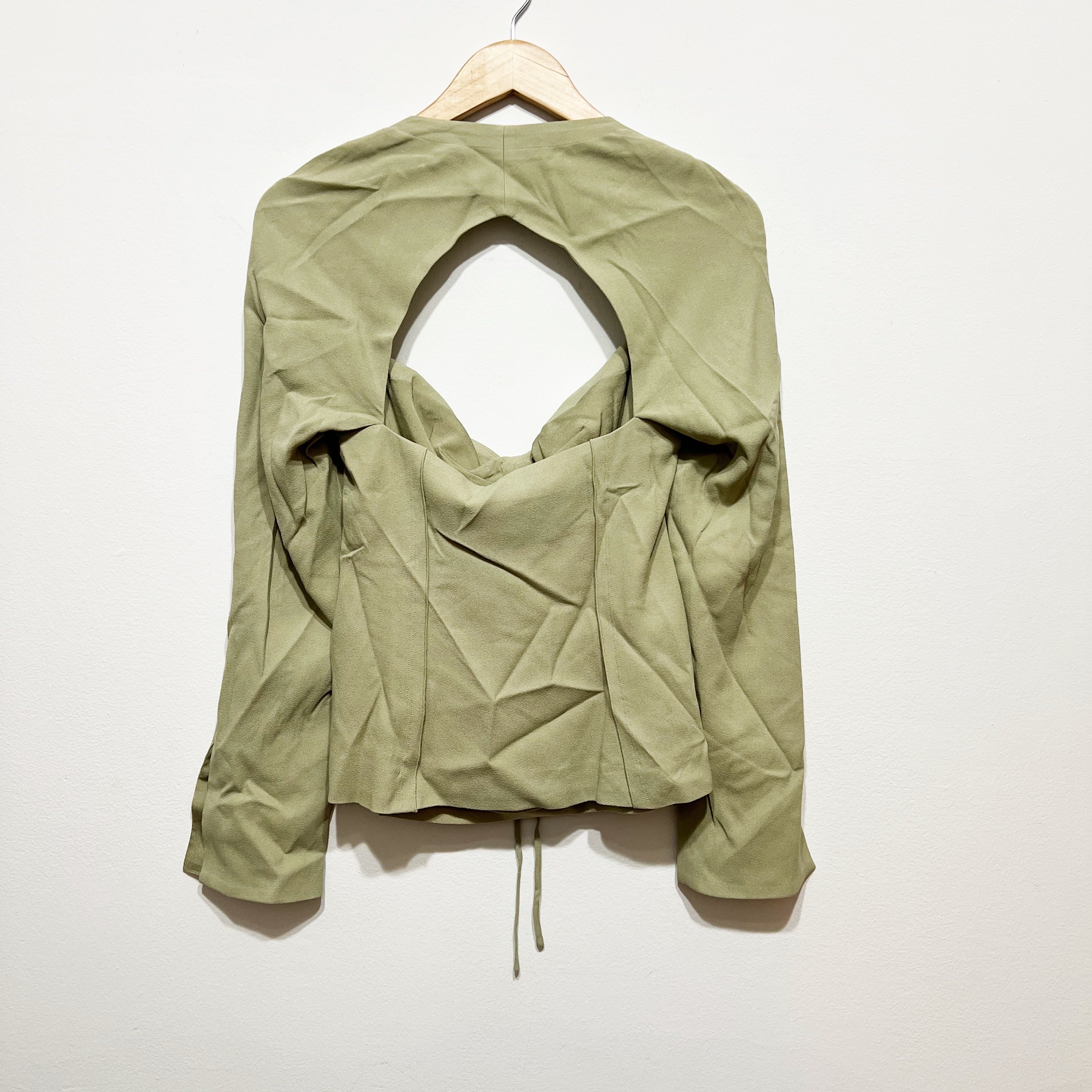 NEW Jonathan Simkhai Kennedy Ruched Front Halter Long Sleeve Blouse Thyme Green