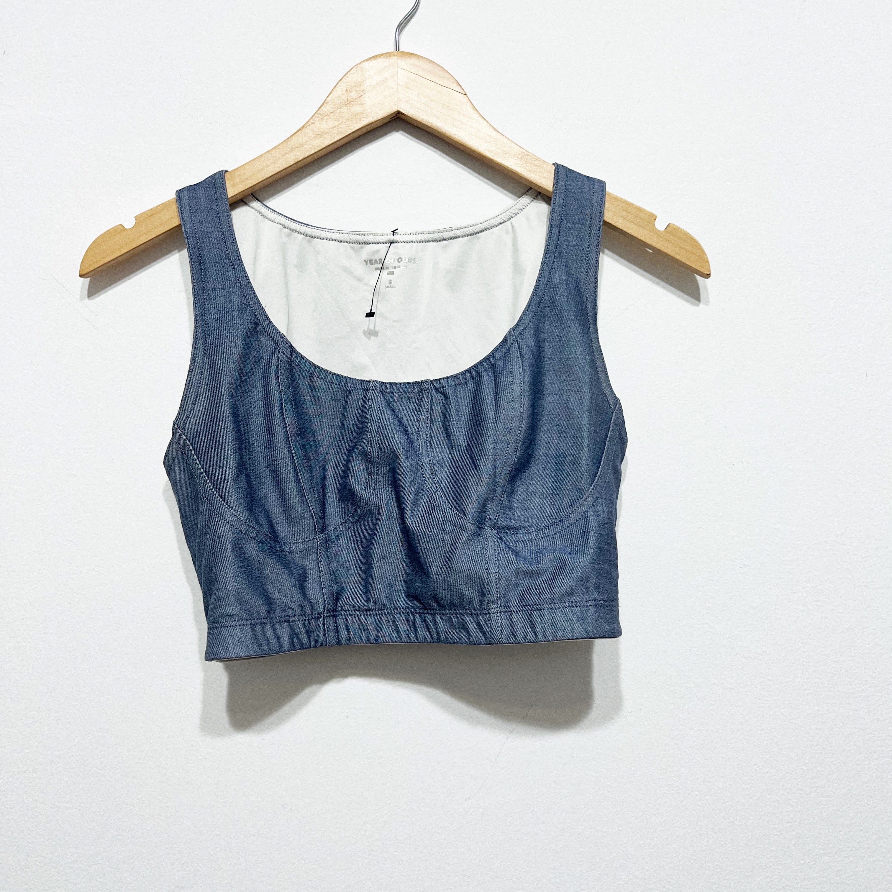 Year Of Ours Dolly Faux Chambray Denim Cropped Athletic Sports Bra Crop Top Blue