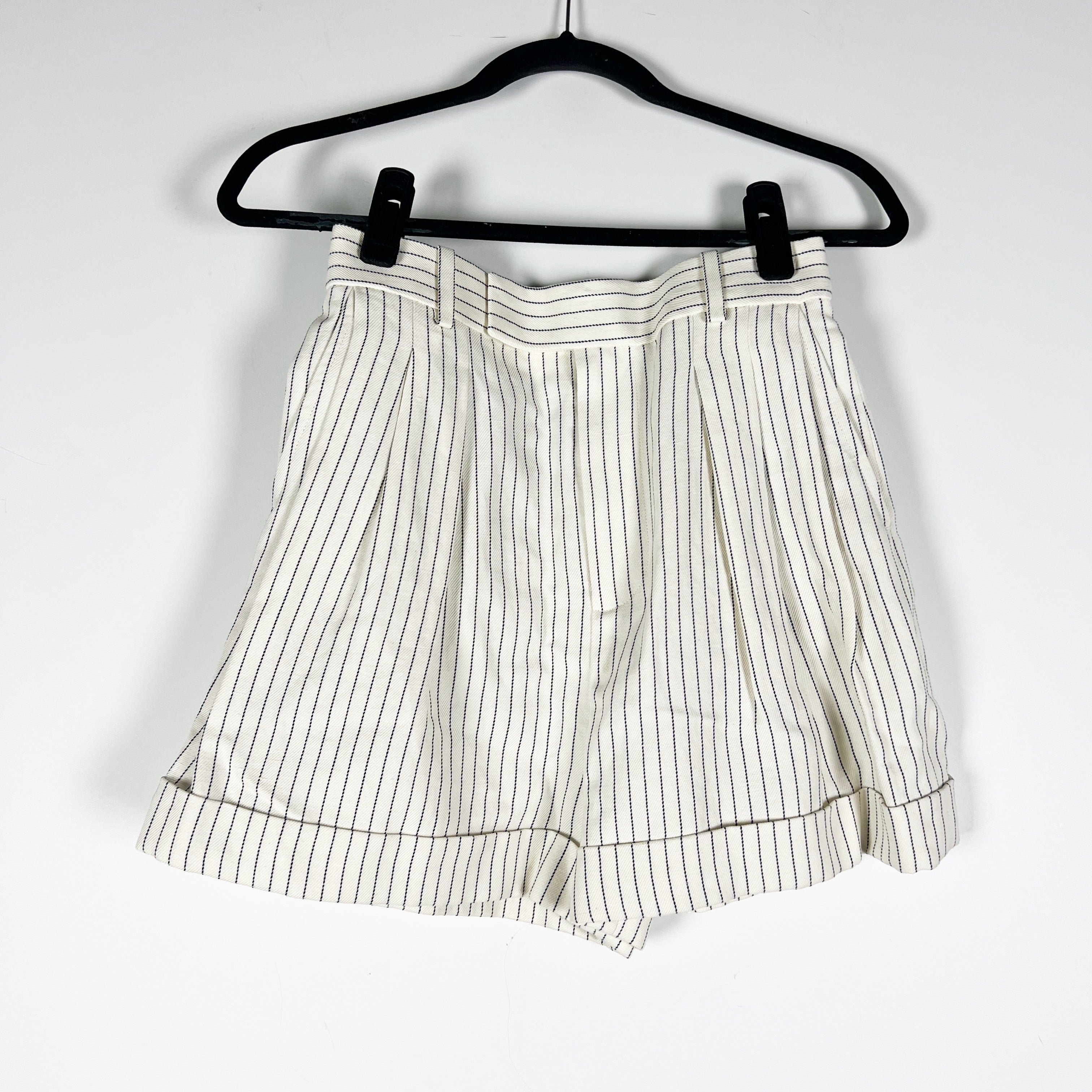 NEW Frame Pleated Wide Cuff High Waisted Twill Cream Multi Pin Stripe Shorts 0