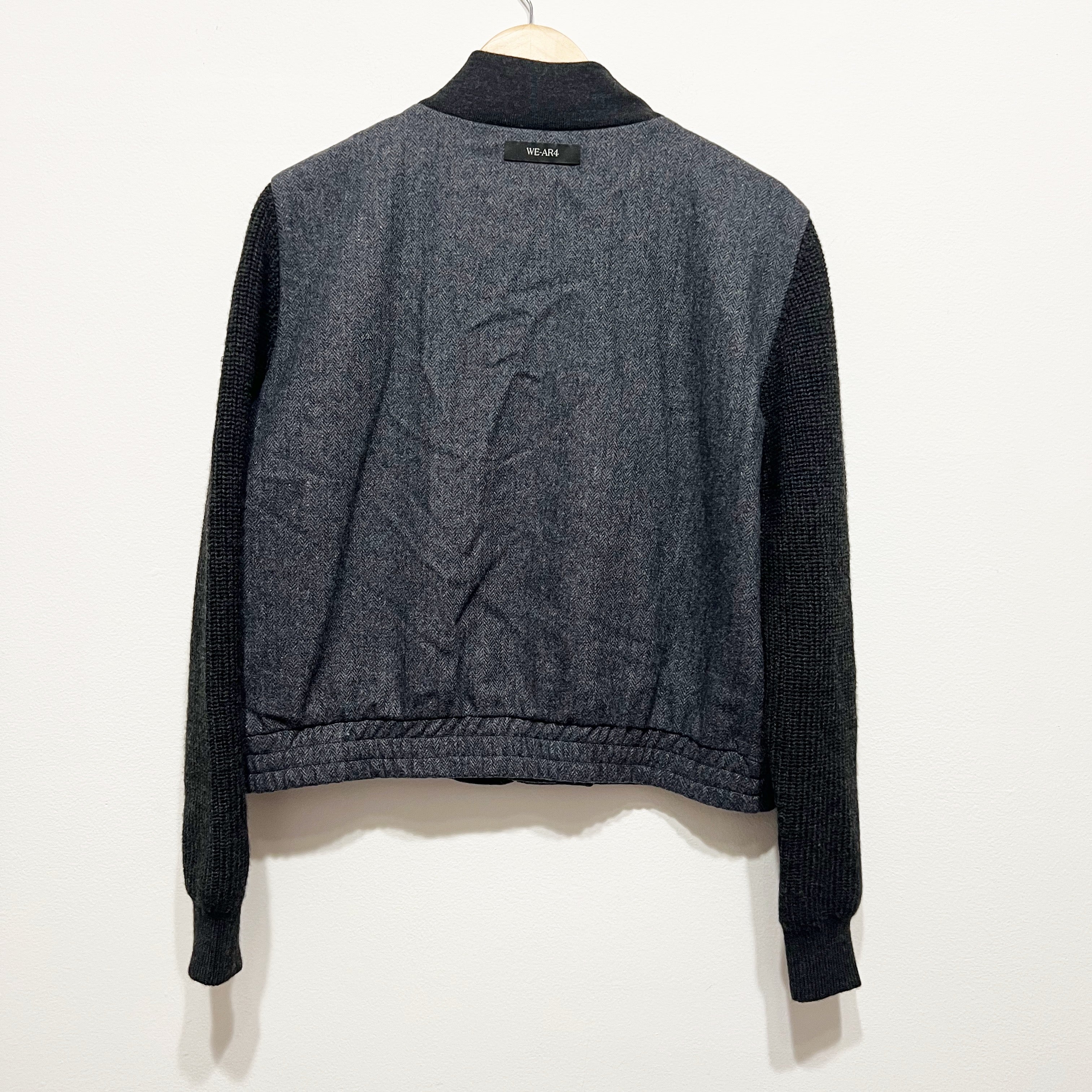 WE-AR4 Italy Wool Blend Woven Collarless Full Zip Bomber Jacket Gray Black Large