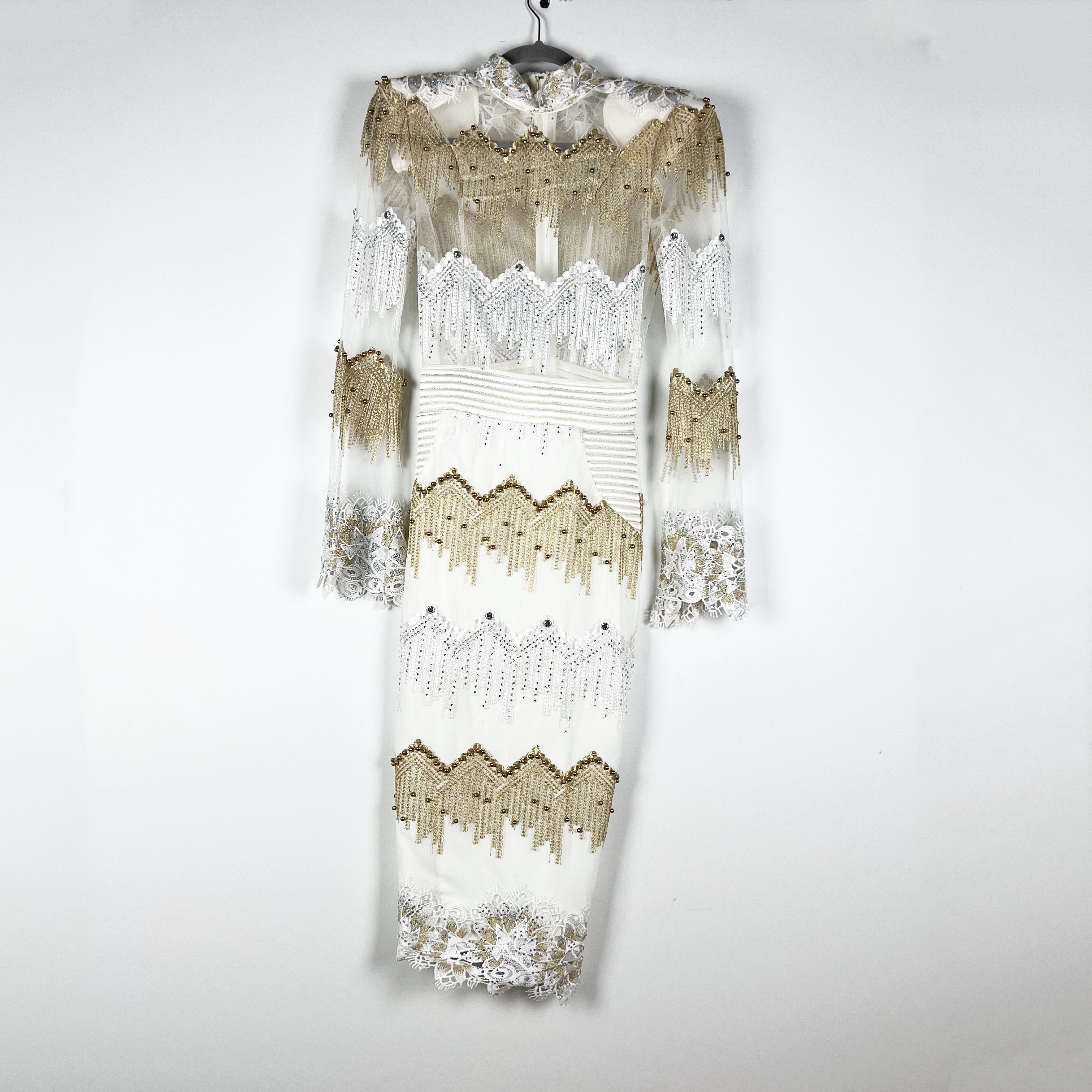 Zhivago Chrysler Midi Mesh Beaded Crystal Jewel Embroidered Midi Dress Moet S