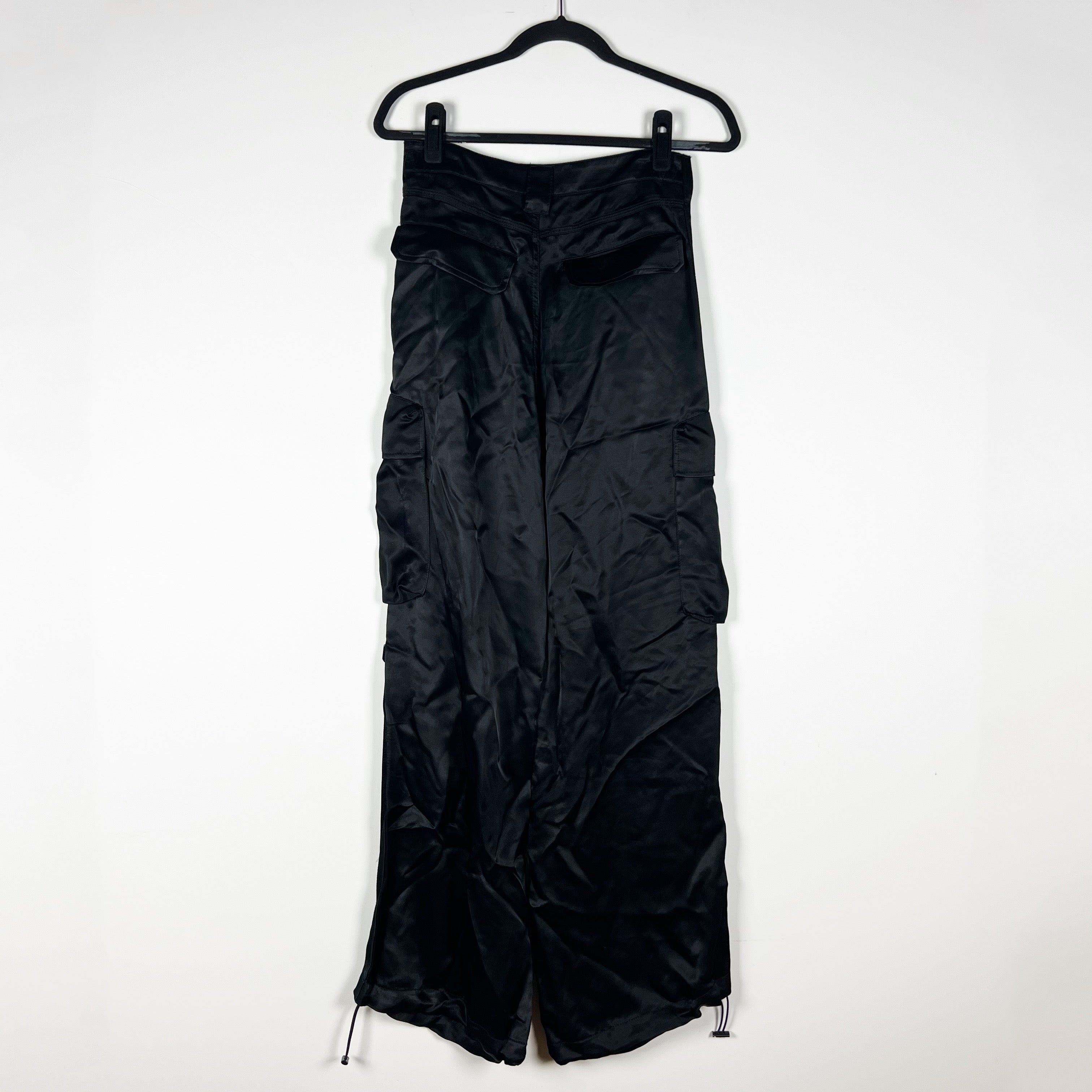 Zara Women's Mid Rise Straight Leg Satin Cargo Multi Pocket Pants Black XS