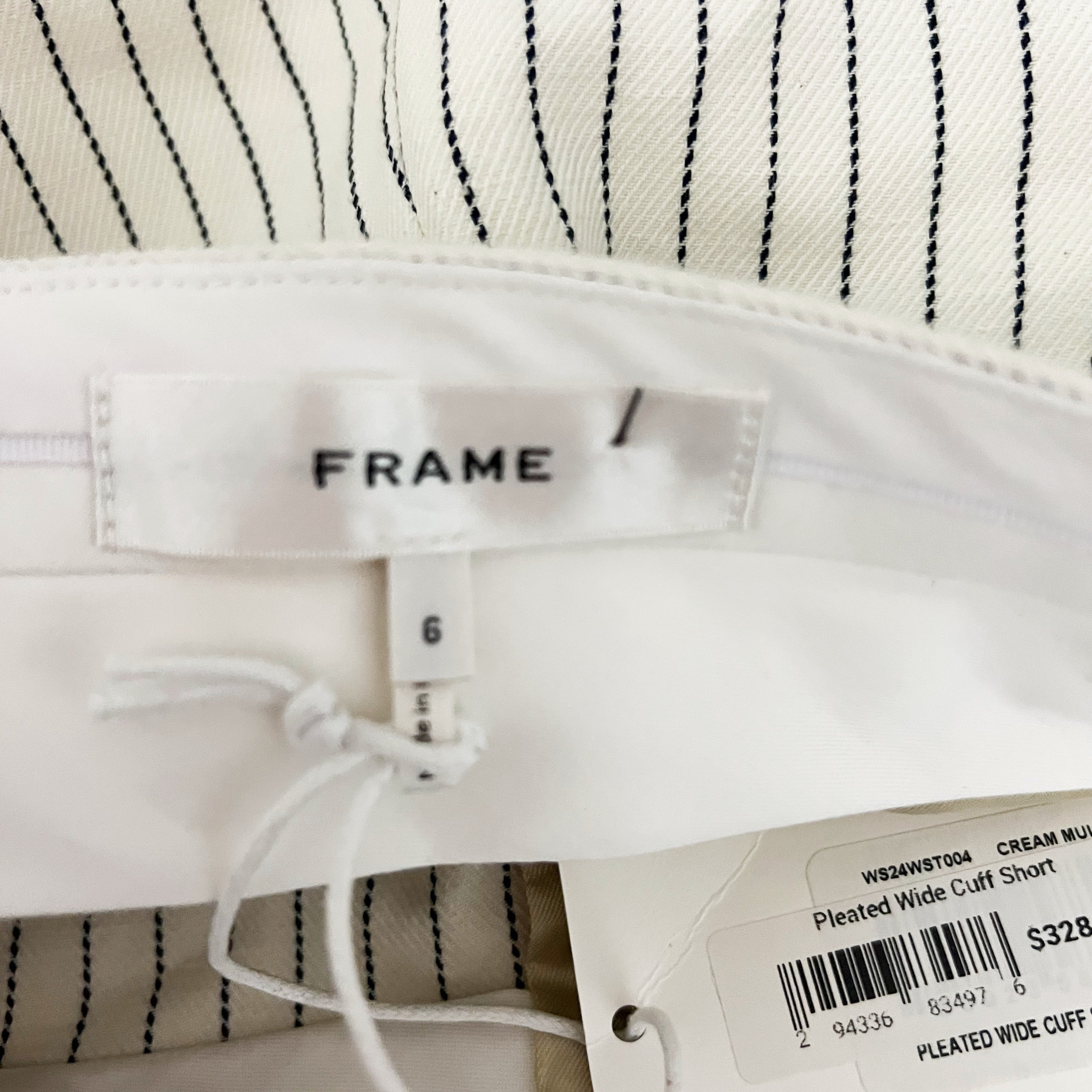 NEW Frame Pleated Wide Cuff High Waisted Twill Cream Multi Pin Stripe Shorts 6