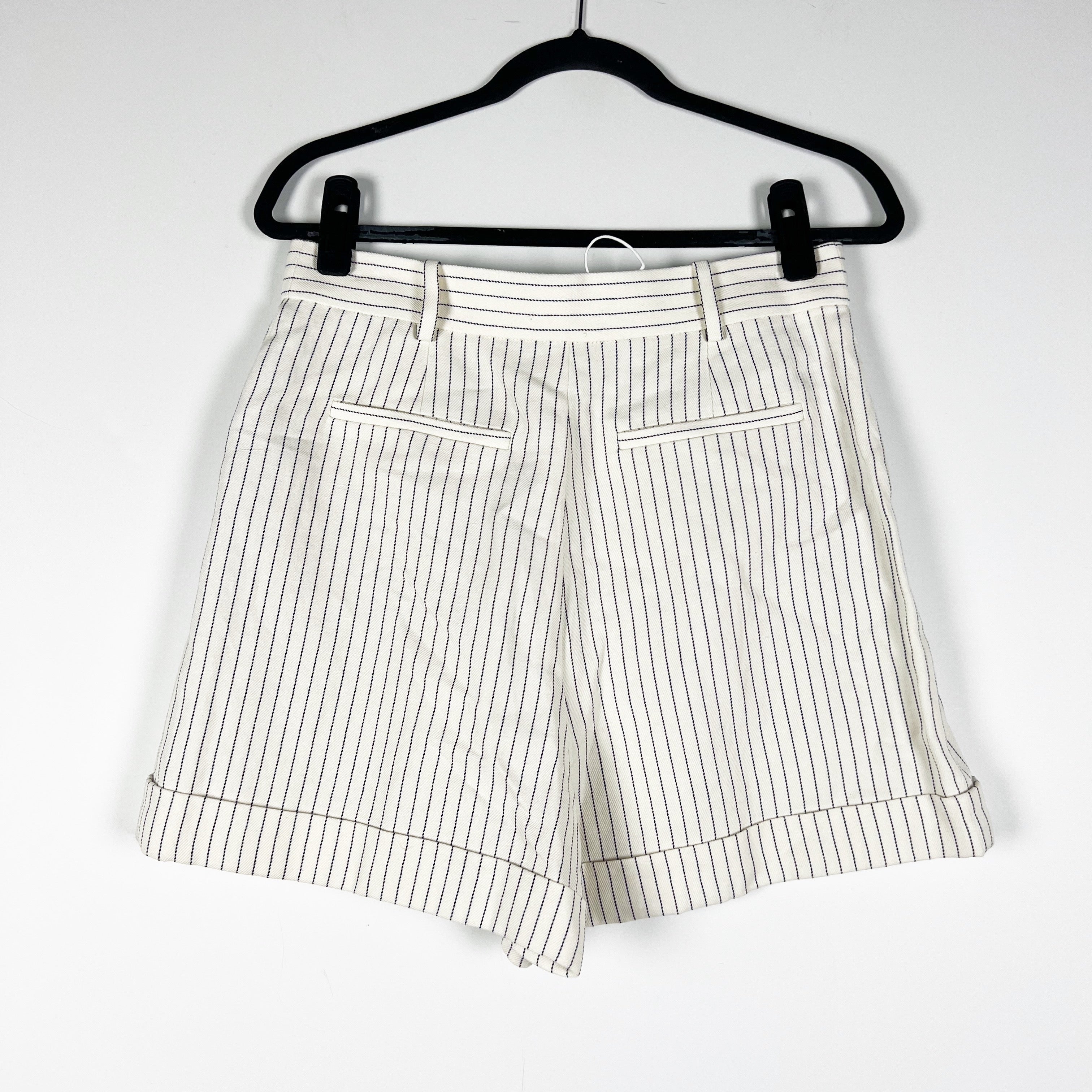 NEW Frame Pleated Wide Cuff High Waisted Twill Cream Multi Pin Stripe Shorts 6