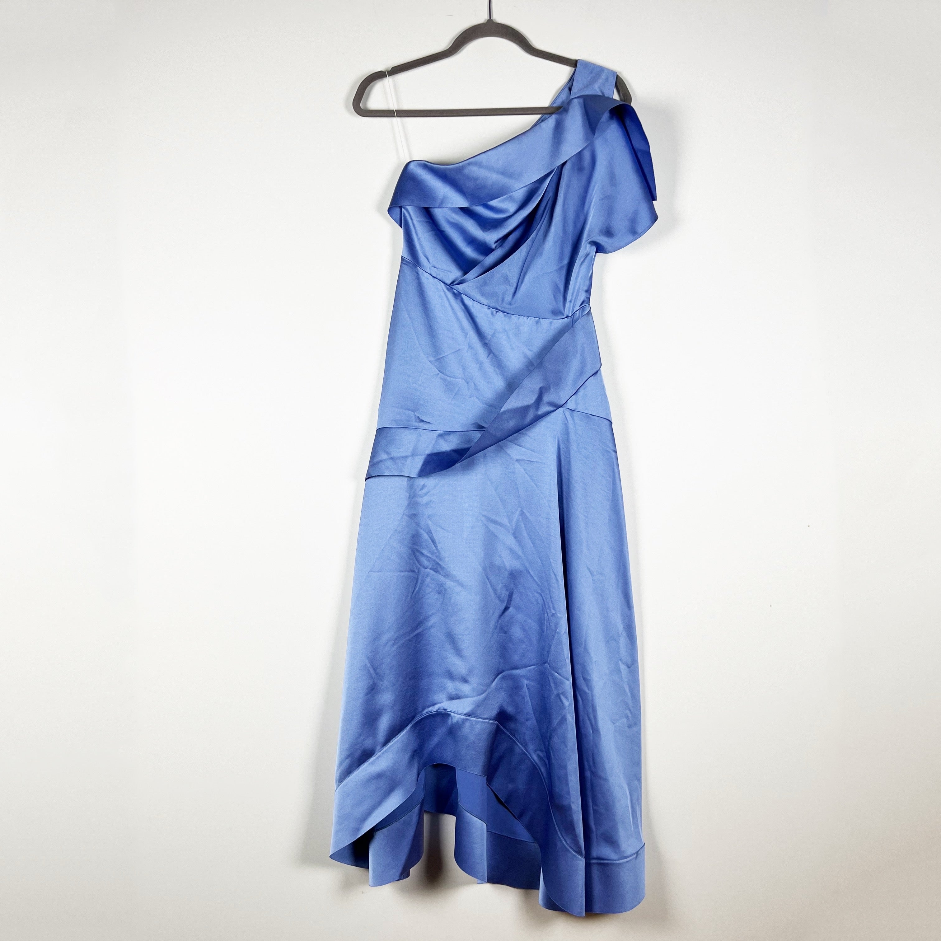 Acler Bonham Bias Draped One Shoulder Bow Tie Satin Wedgewood Blue Midi Dress 4