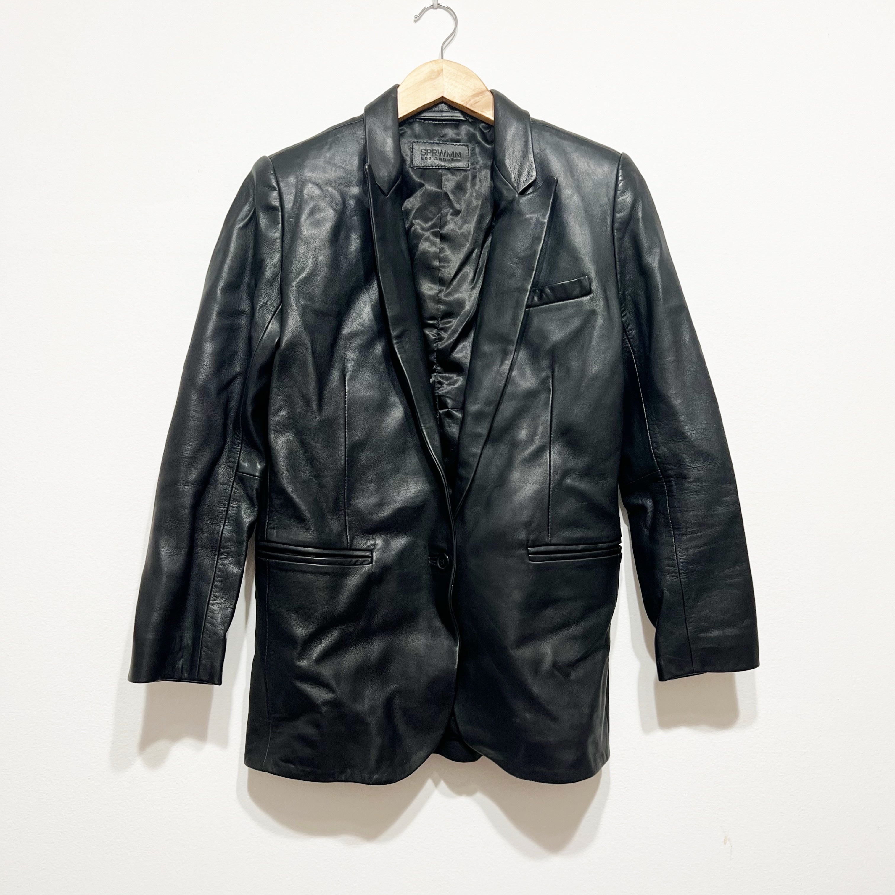 SPRWMN Women's Genuine Leather One Button Blazer Jacket Solid Black XS