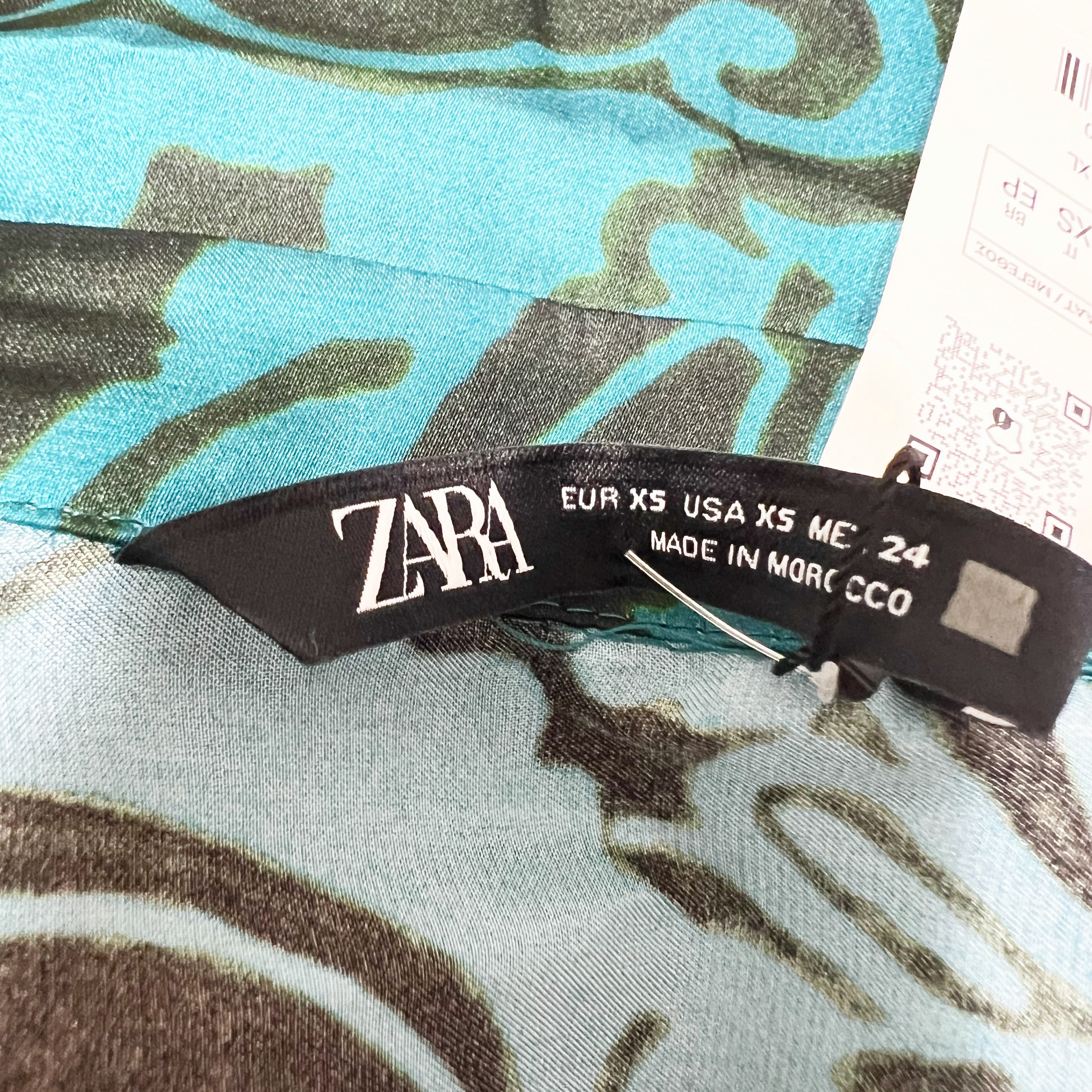 NEW Zara Satin Collared Quarter Sleeve Button Front Blue Black Pattern Dress XS