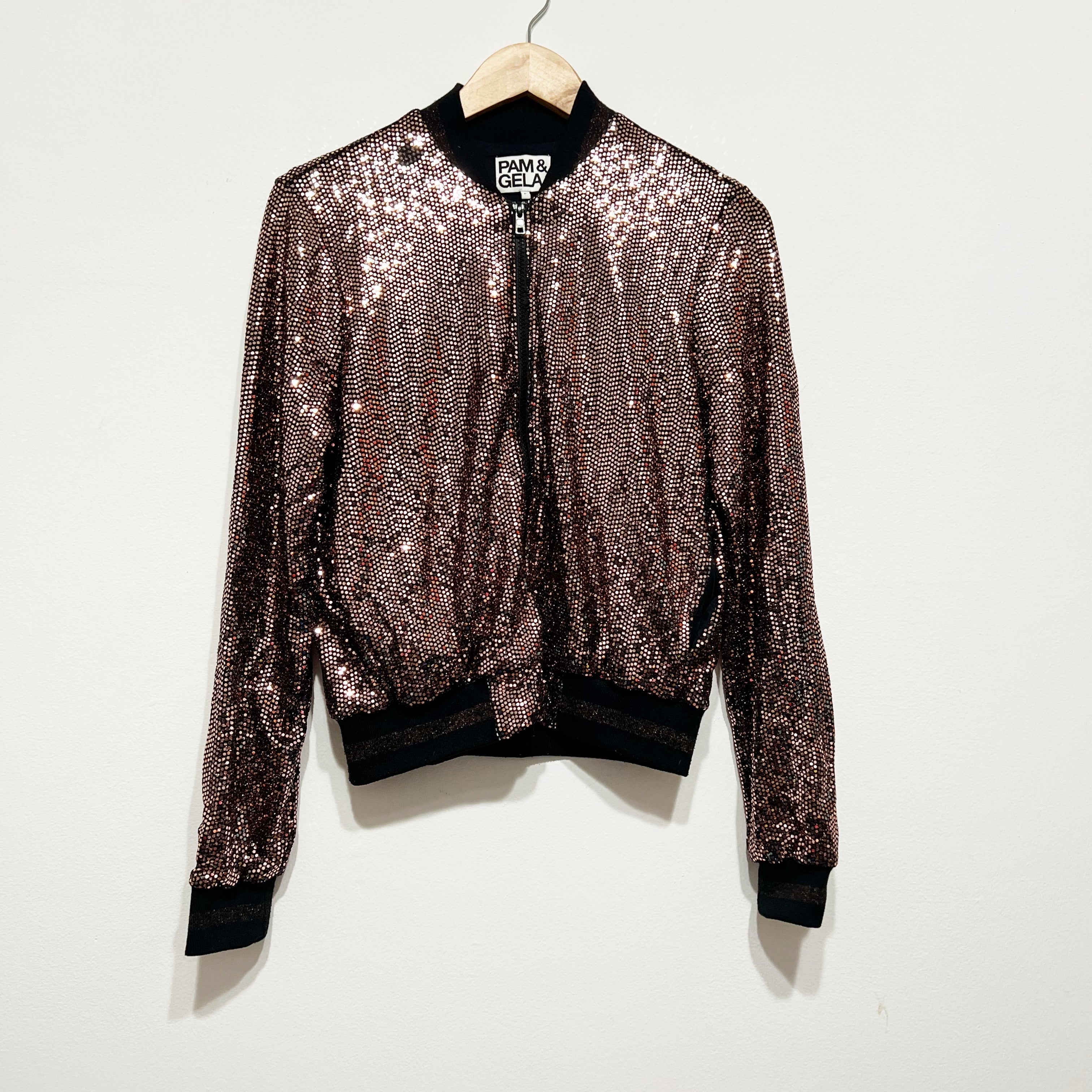 Pam & Gela Rose Gold Mirror Ball Sequin Embellished Sparkle Track Jacket Small