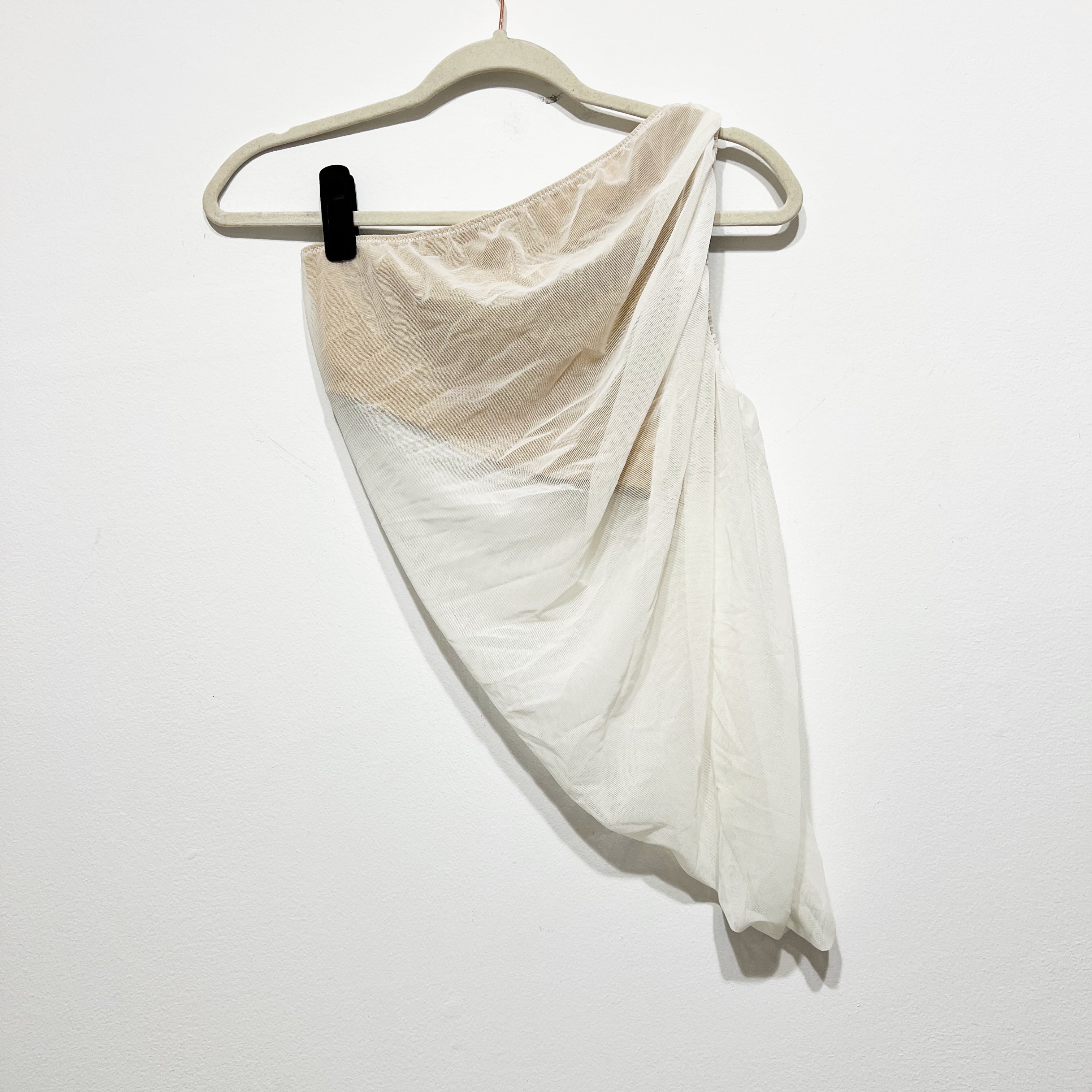 Norma Kamali Diana Draped Ruched Mesh Tulle Pull On Mini Skirt Neutral White S