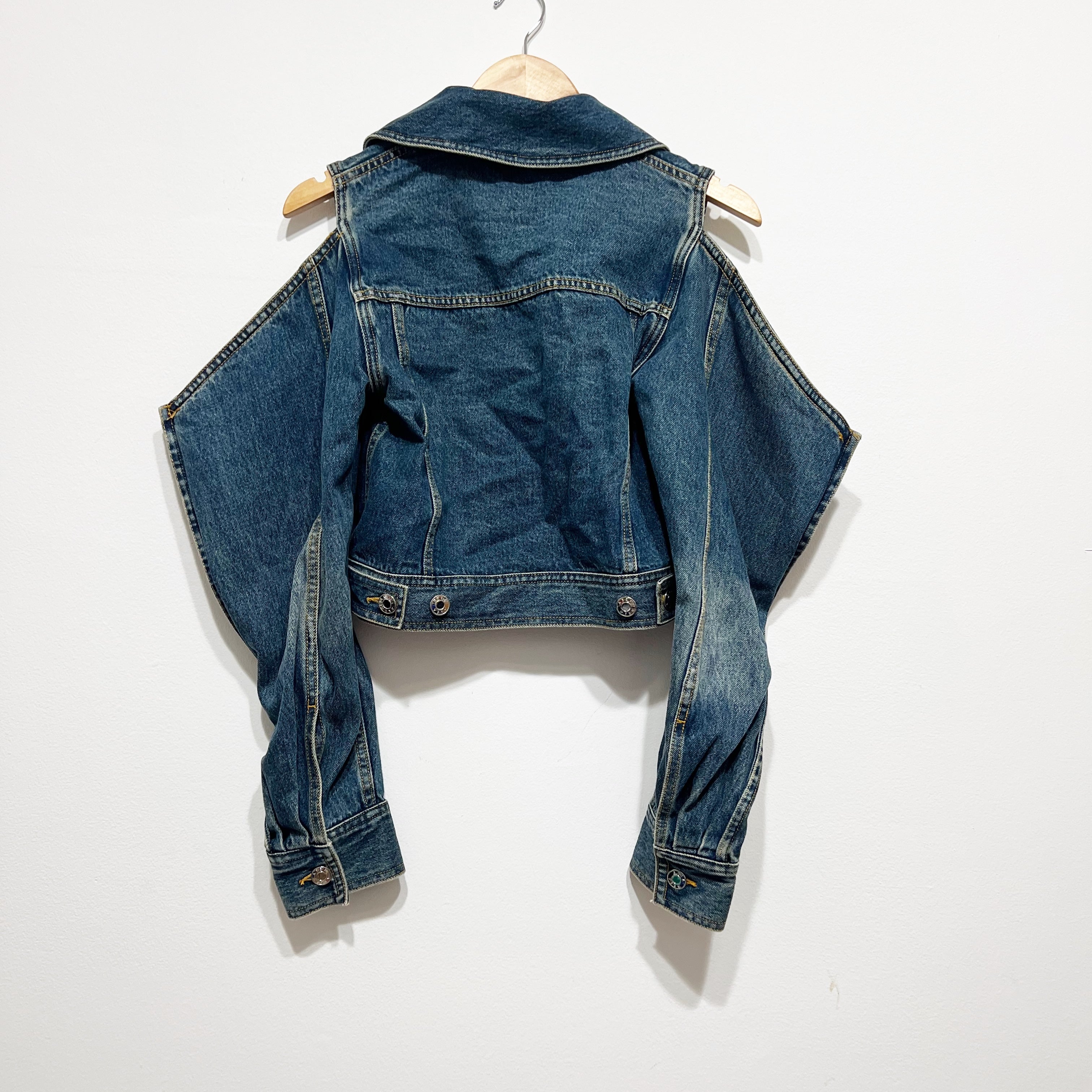 Area Cutout Crystal Jewel Diamond Embellished Denim Jean Cotton Jacket Blue XS