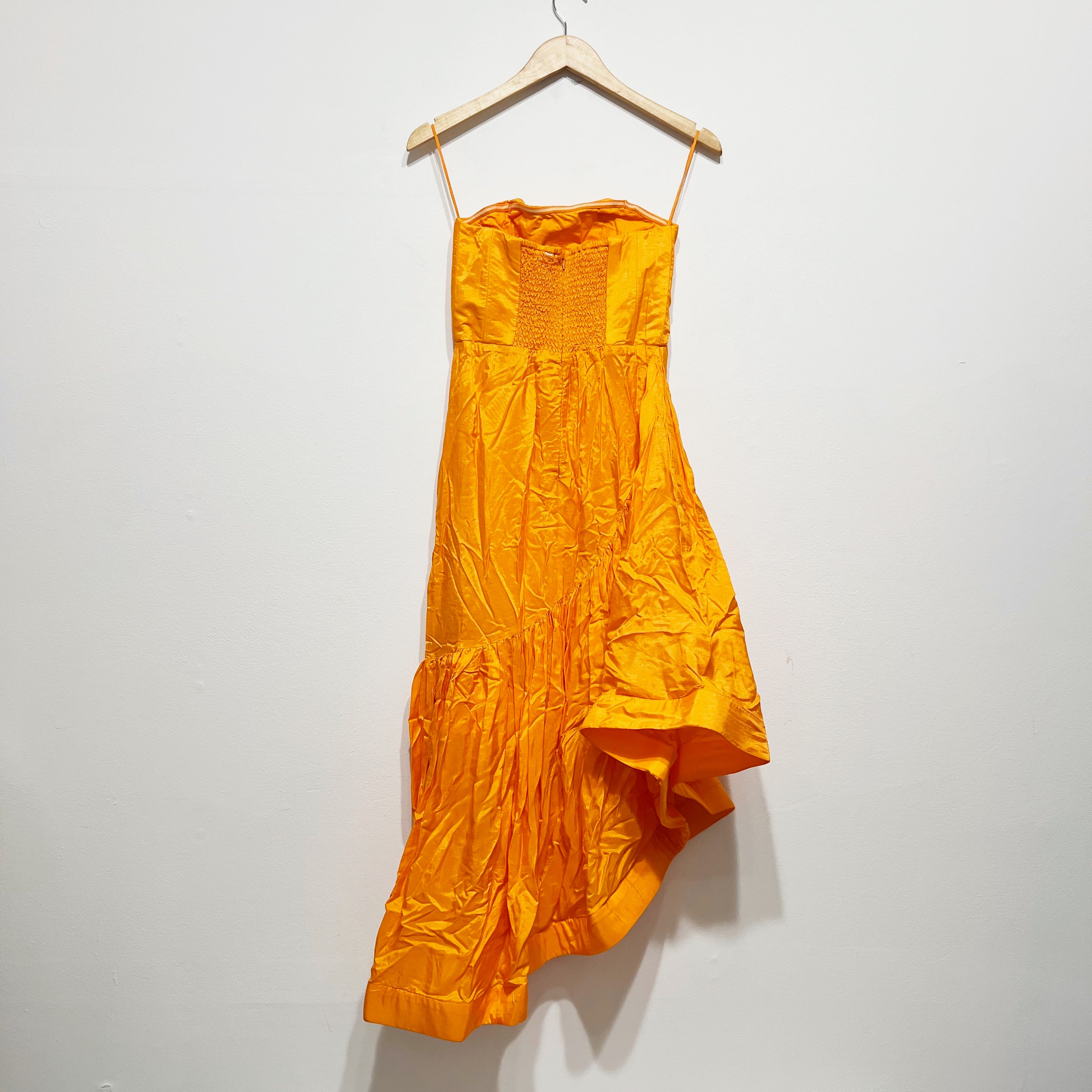 NEW Let Me Be Anthropologie Strapless Tiered Asymmetrical Hem Midi Dress Orange