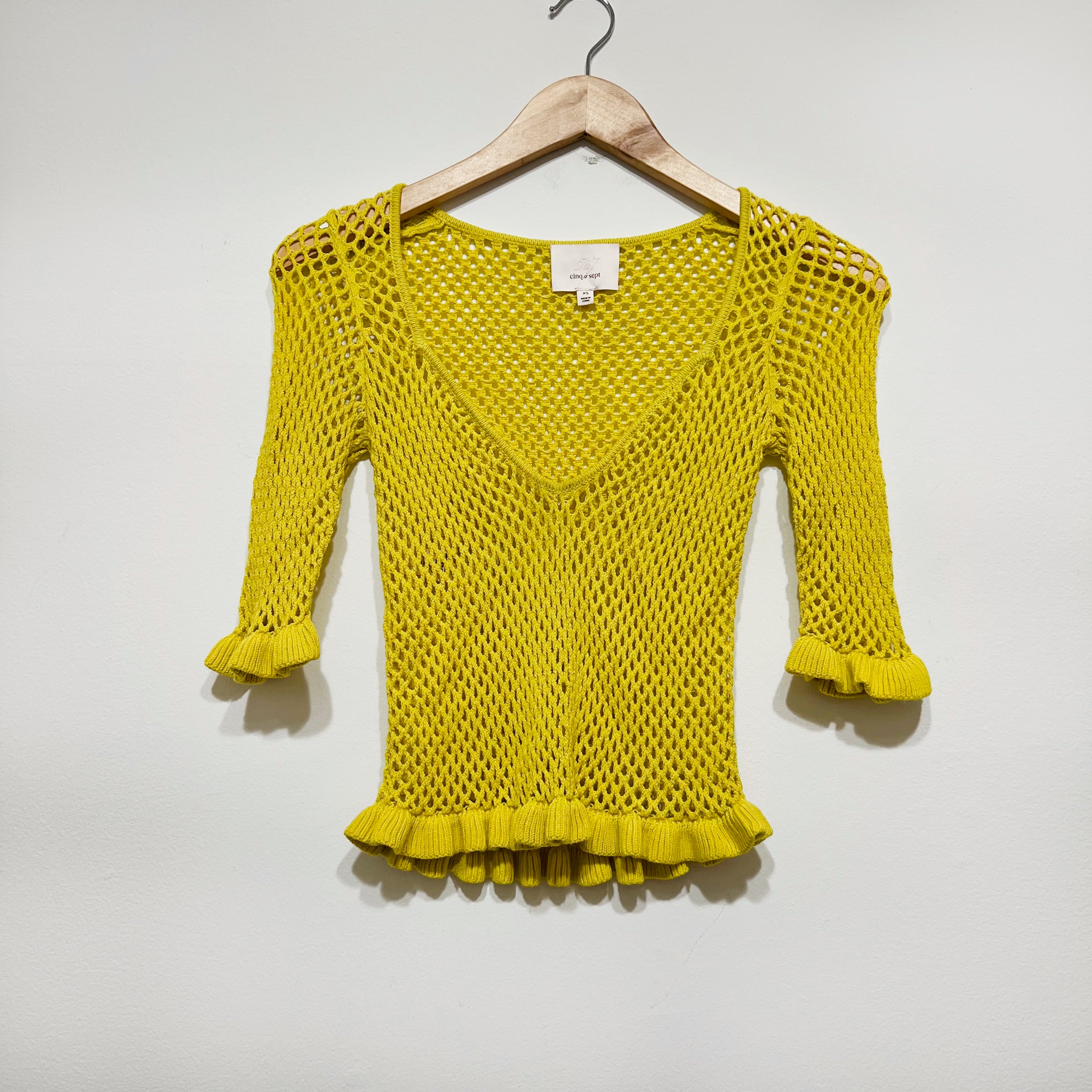 Cinq A Sept Fish Net Crochet Knit V Neck Ruffle Quarter Sleeve Cropped Sweater