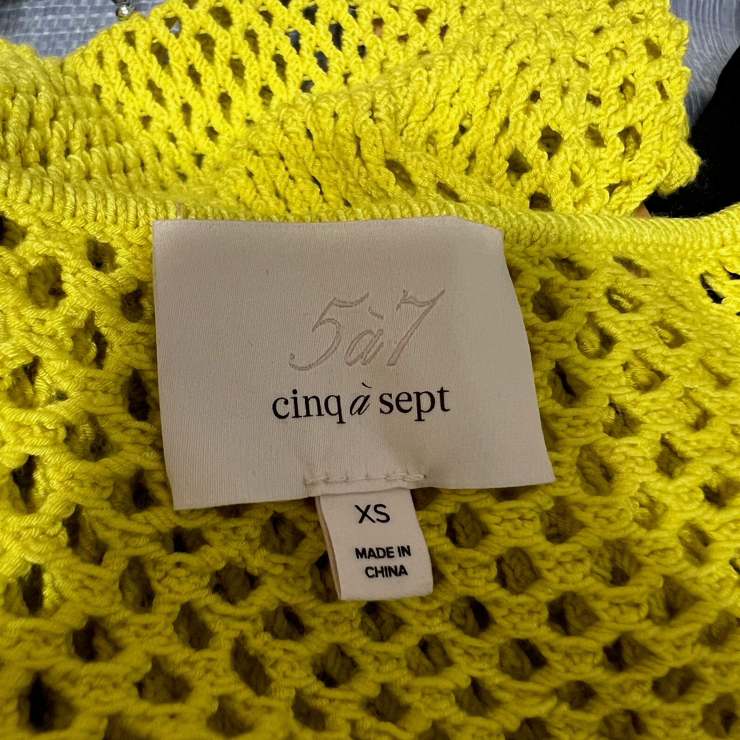 Cinq A Sept Fish Net Crochet Knit V Neck Ruffle Quarter Sleeve Cropped Sweater