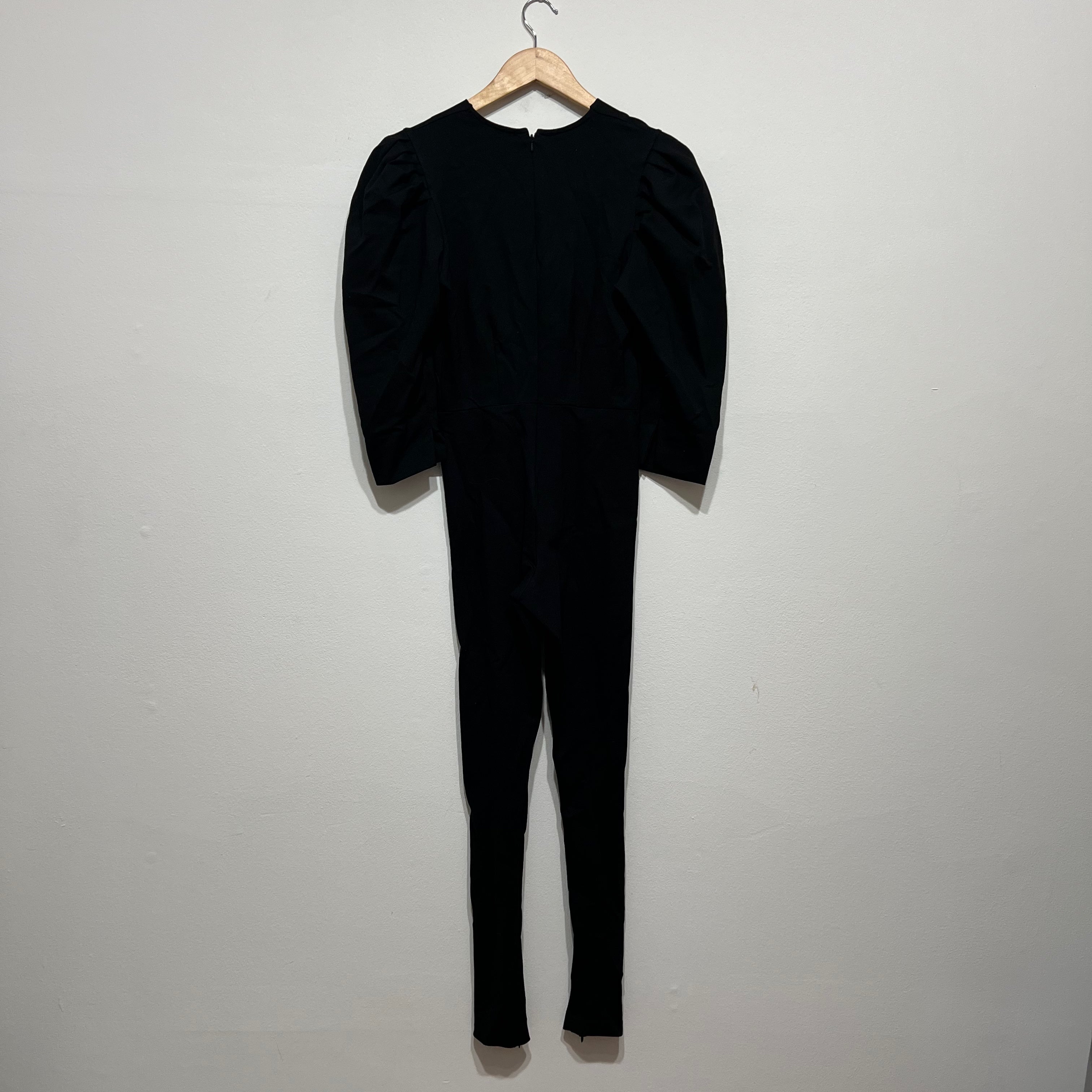 Nonchalant Label Jaleen Stretch Knit Puff Sleeve V Neck Jumpsuit Catsuit Black